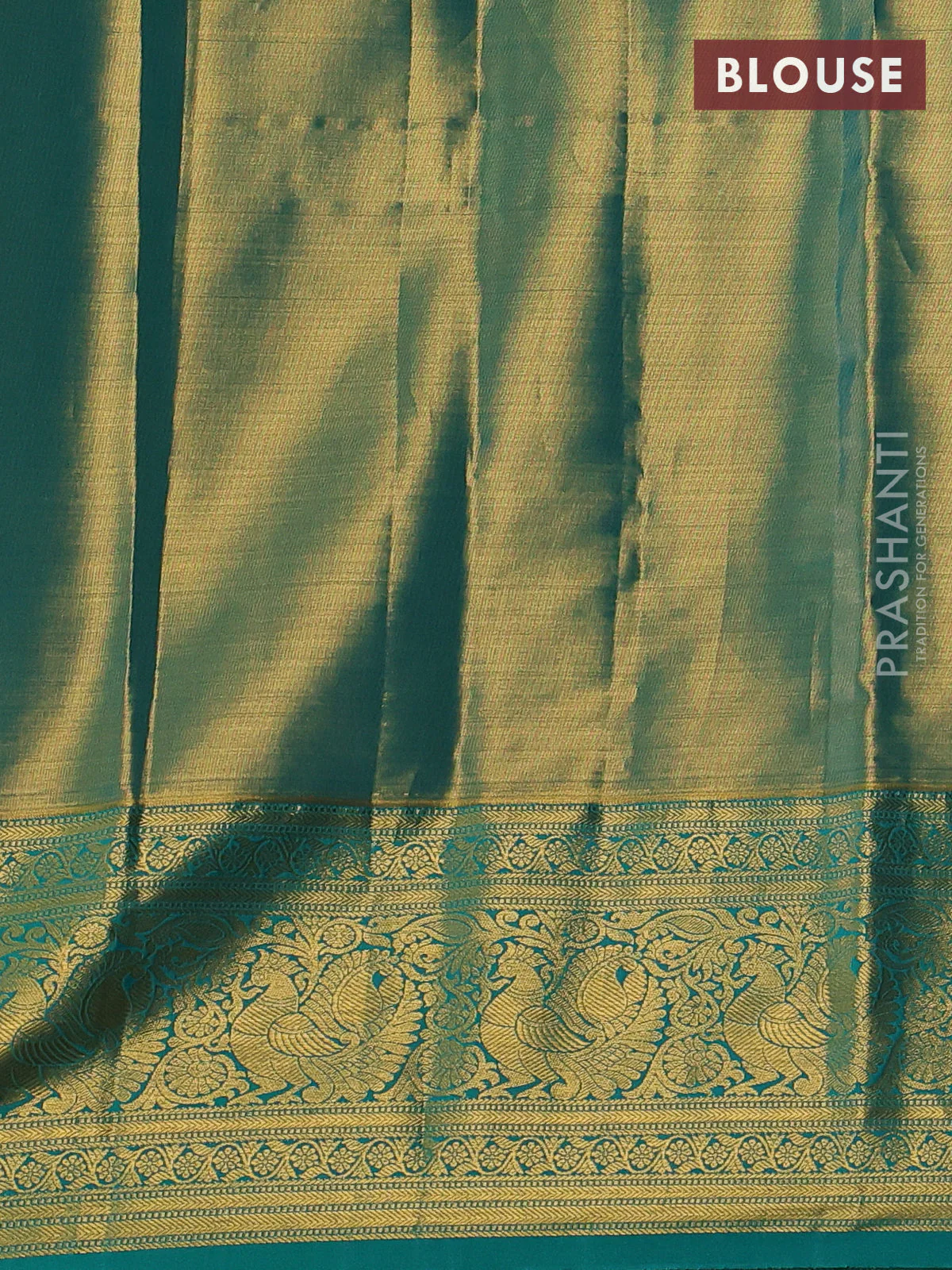 Kanchipuram tissue silk saree teal green with allover zari woven brocade weaves and zari woven border - Image 3