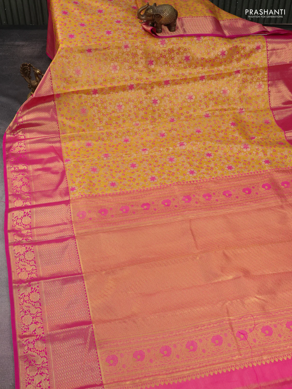 Kanchipuram tissue silk saree yellow and pink with allover zari woven brocade weaves and long rich zari woven border - Image 2