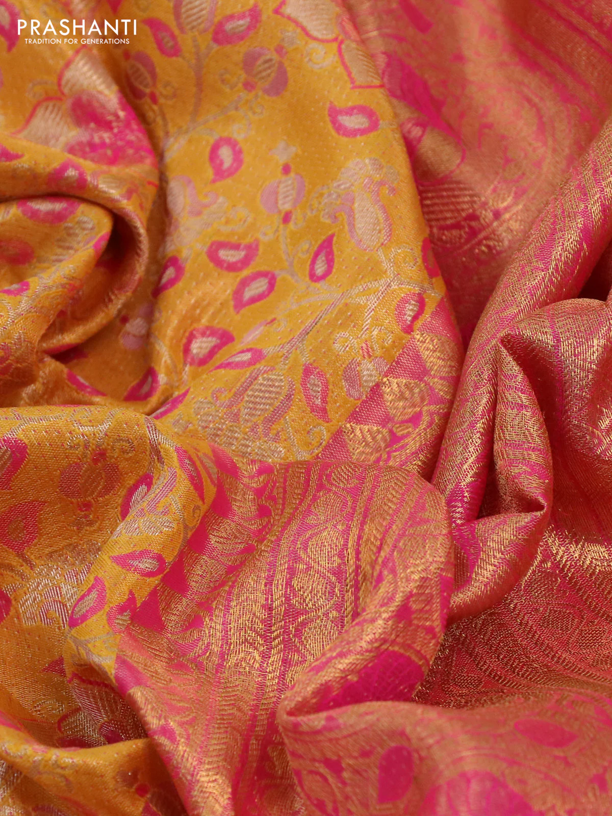 Kanchipuram tissue silk saree yellow and pink with allover zari woven brocade weaves and long rich zari woven border - Image 3