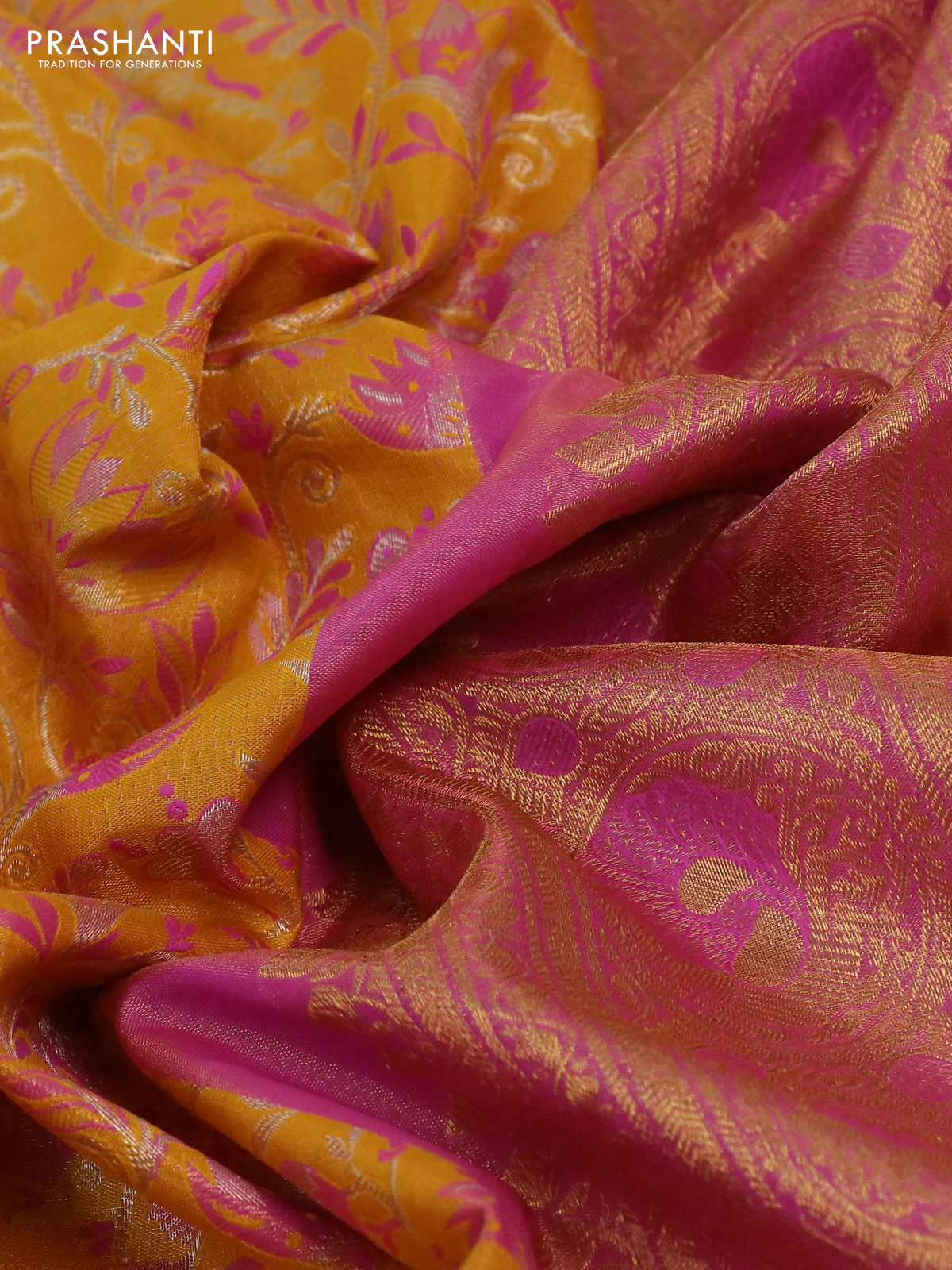 Kanchipuram tissue silk saree yellow and pink with allover zari woven brocade weaves and rich zari woven annam border - Image 3