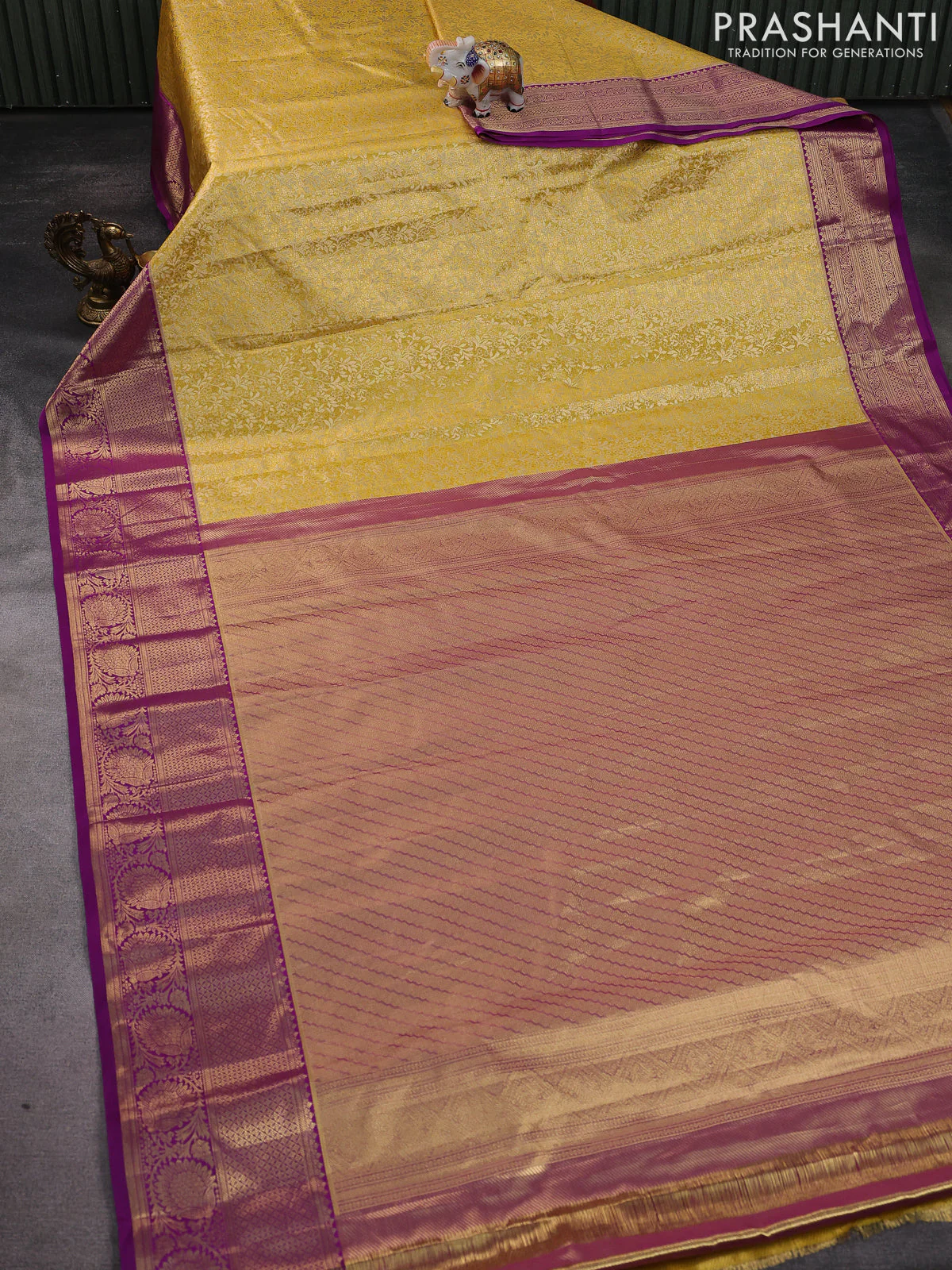 Kanchipuram tissue silk saree yellow and purple with allover zari woven brocade weaves and zari woven border - Image 2