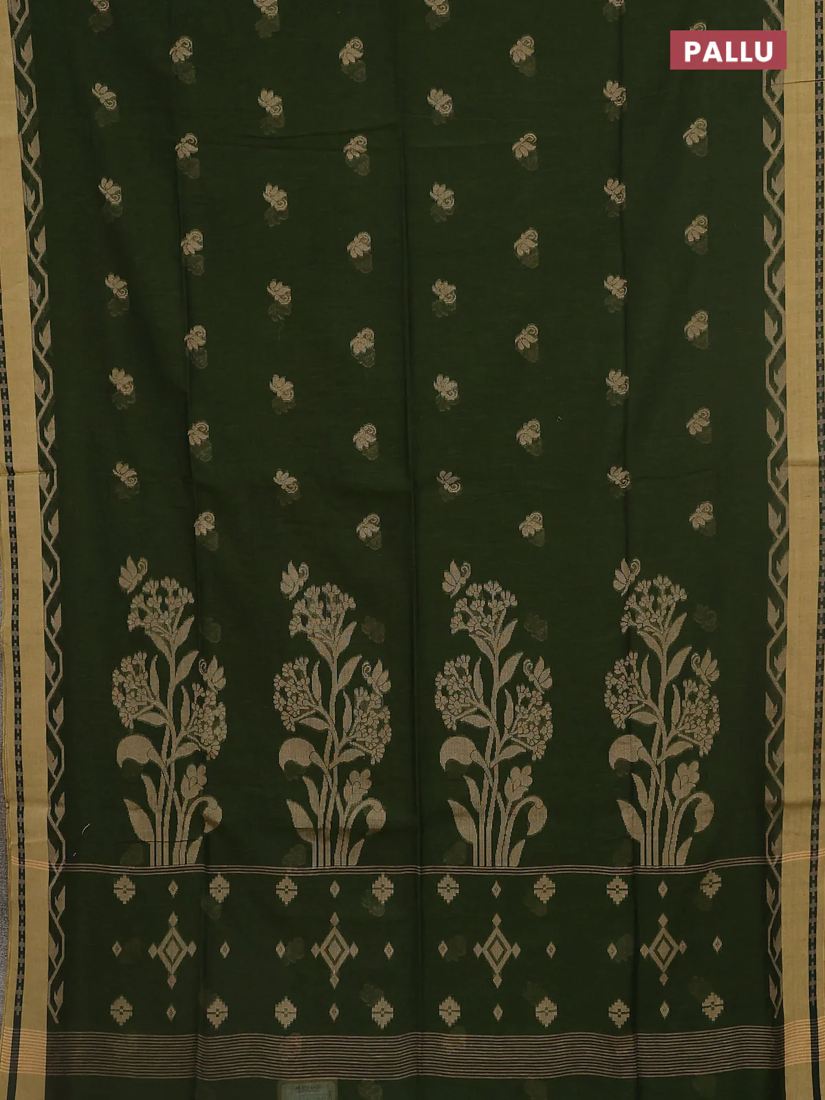 Khadi cotton saree green and sandal with allover thread woven buttas and thread woven border - Image 3