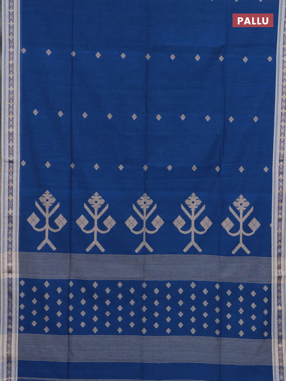 Khadi cotton saree peacock blue and beige with thread woven ikat buttas and thread woven simple border - Image 3