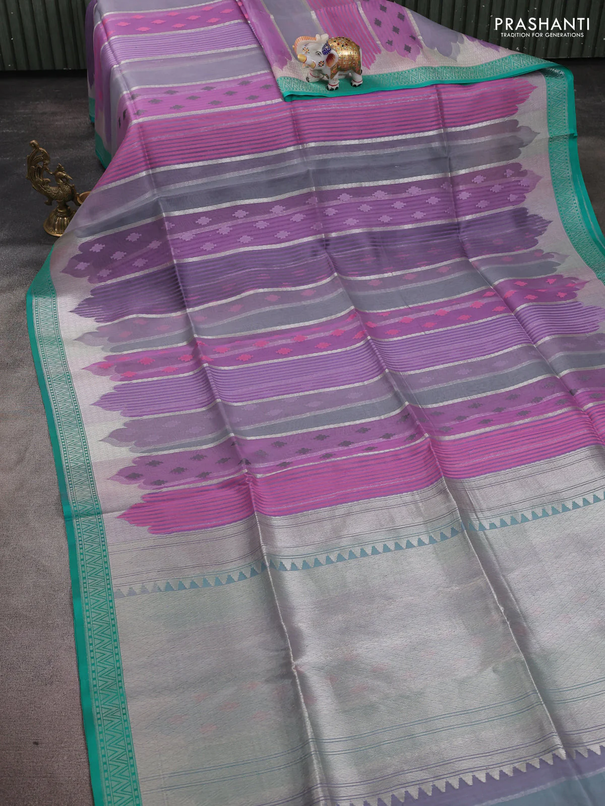 Kora jamdhani silk saree multi colour and teal green with allover jamdhani weaves and zari woven border - Image 2