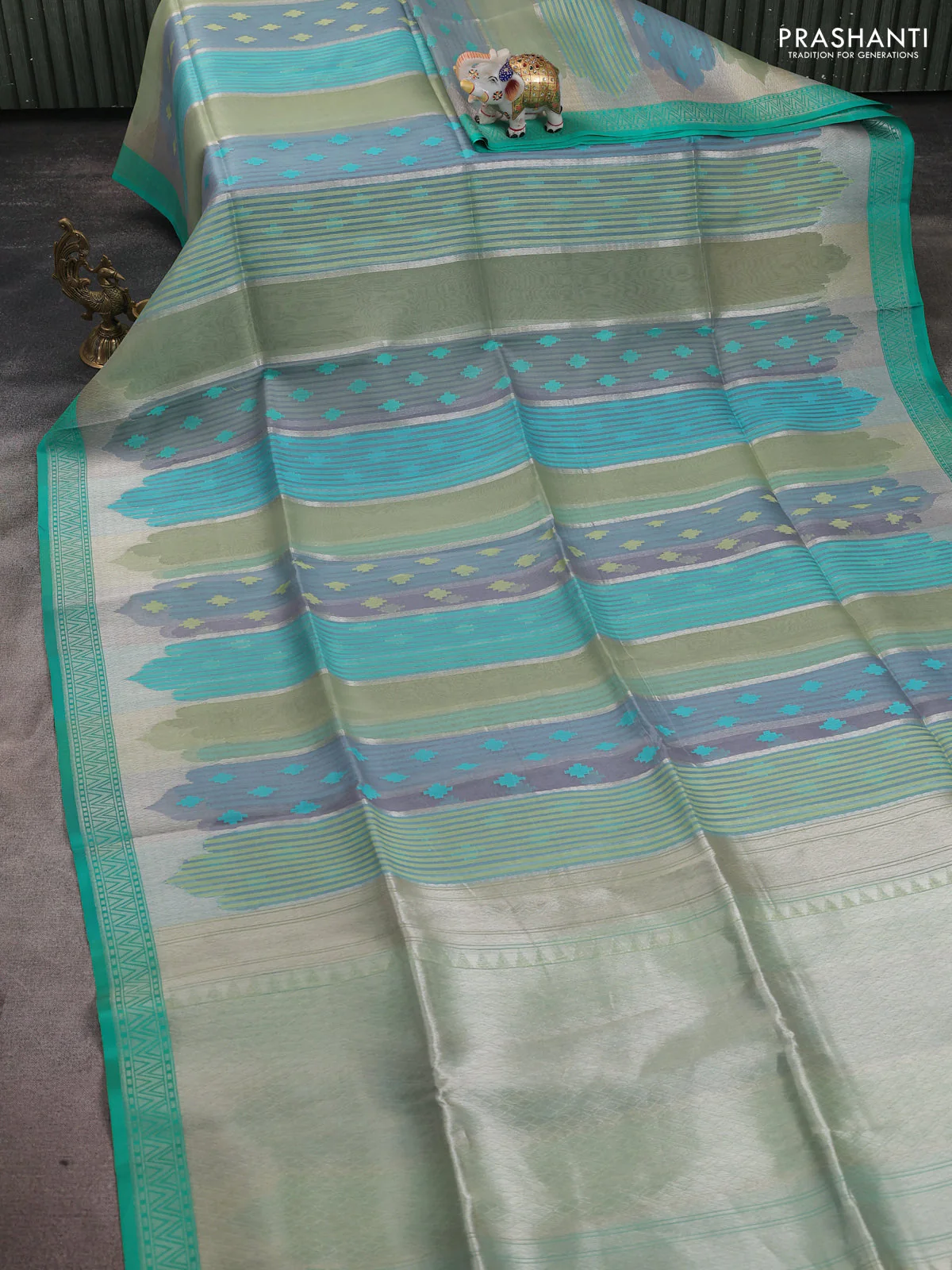 Kora jamdhani silk saree multi colour and teal green with allover jamdhani weaves and zari woven border - Image 2