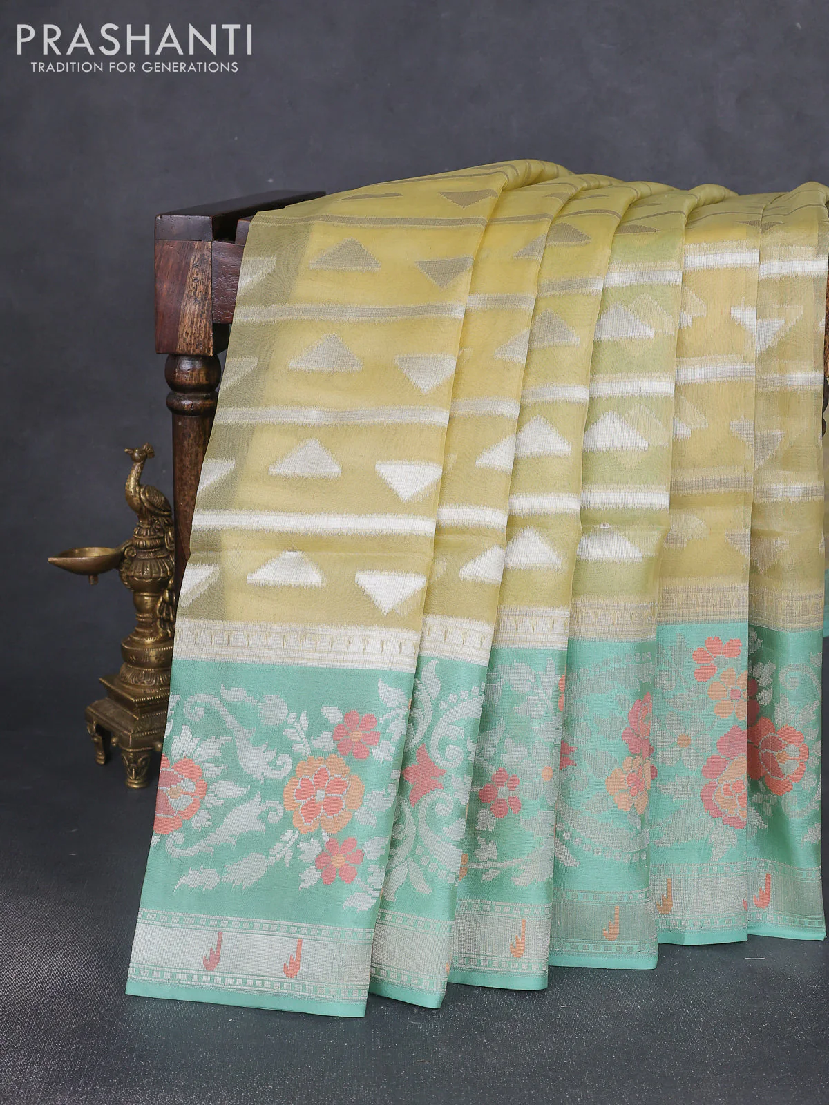 Kora jamdhani silk saree pale yellow and pastel green with allover jamdhani weaves and zari woven border
