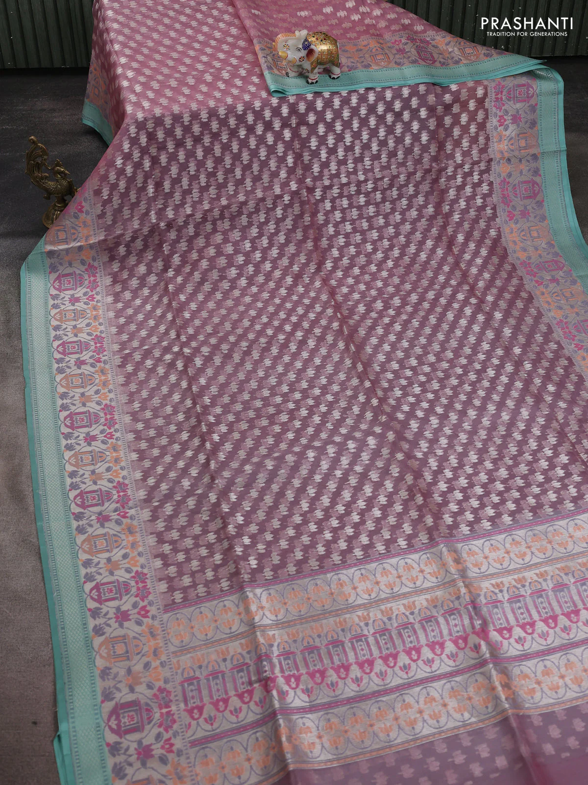 Kora jamdhani silk saree pastel pink and teal green with allover jamdhani weaves and zari woven border - Image 2