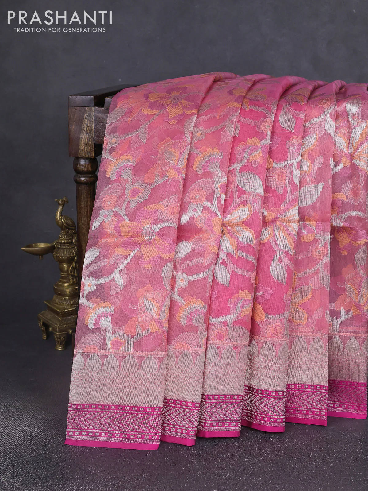 Kora jamdhani silk saree peach pink and pink with allover jamdhani weaves and zari woven border