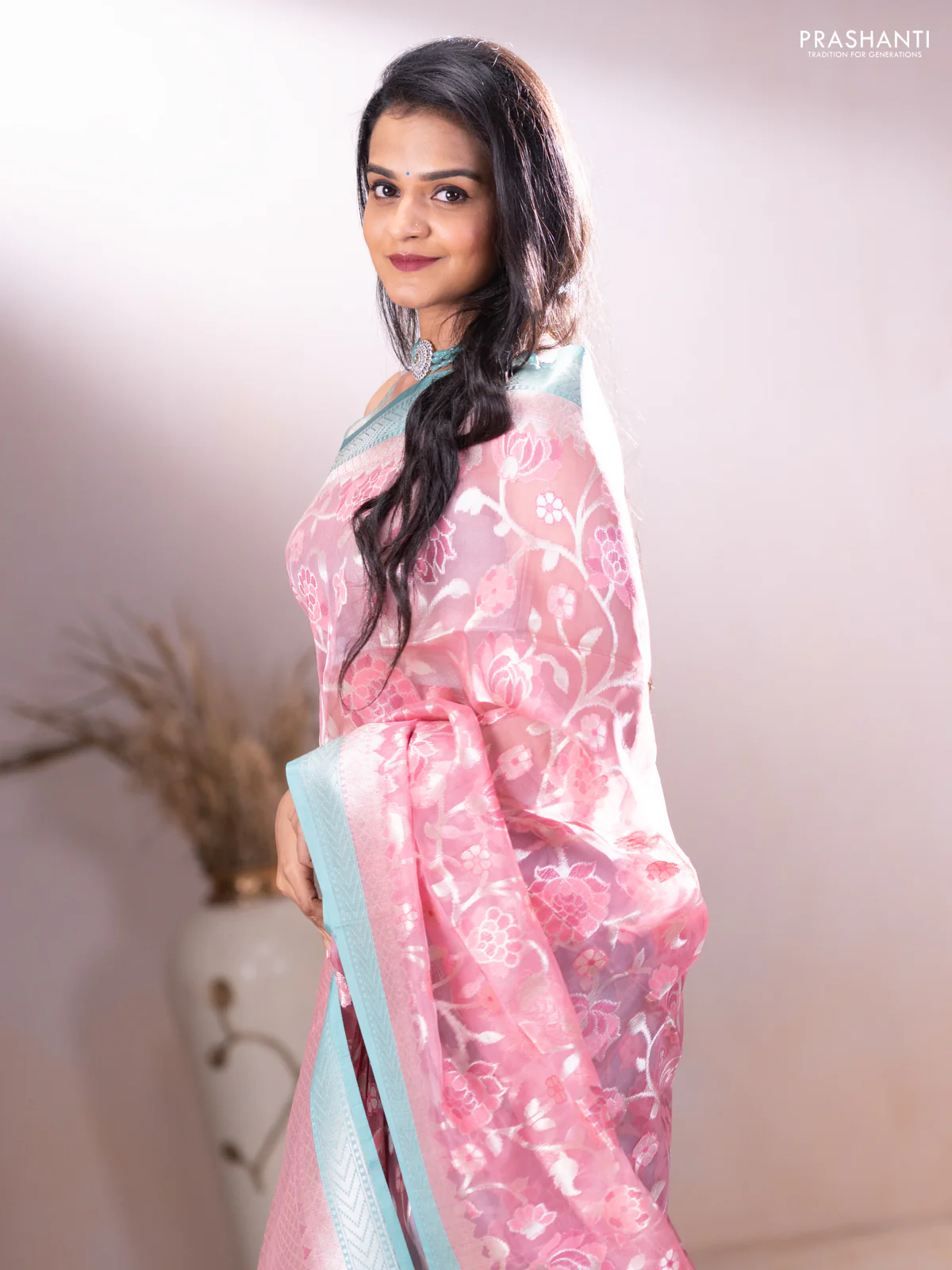 Kora jamdhani silk saree peach pink and teal green with allover jamdhani weaves and zari woven border - Image 3