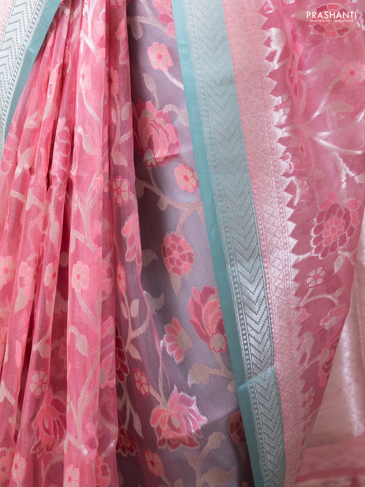 Kora jamdhani silk saree peach pink and teal green with allover jamdhani weaves and zari woven border - Image 4