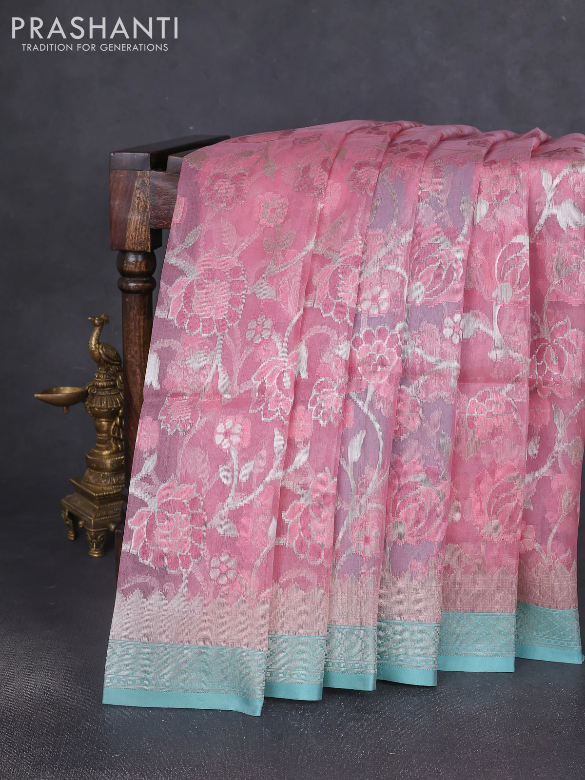Kora jamdhani silk saree peach pink and teal green with allover jamdhani weaves and zari woven border - Image 5