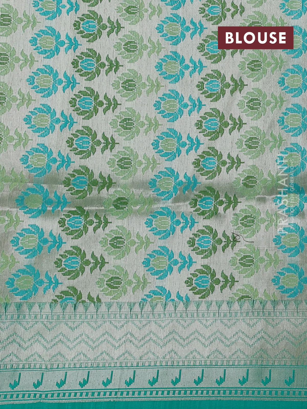 Kora jamdhani silk saree peach pink and teal green with allover jamdhani weaves and zari woven border - Image 3