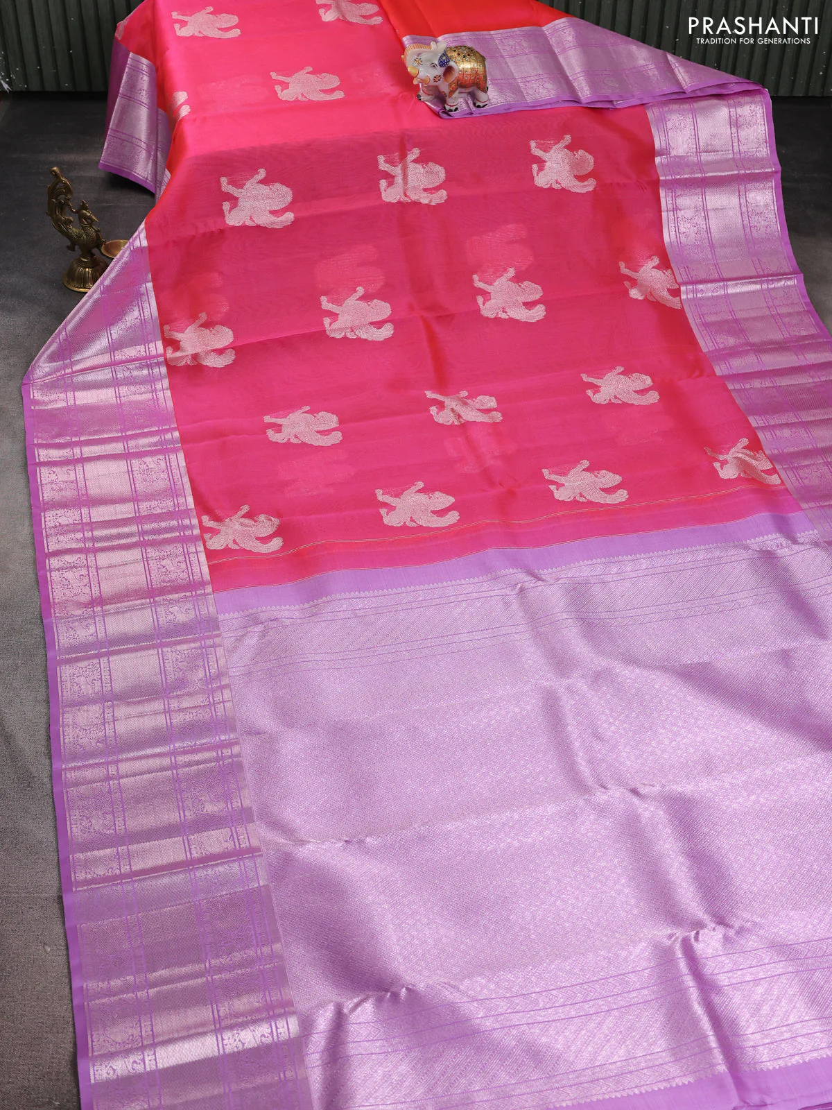 Kora kanchipuram silk saree candy pink and lavender with silver zari woven buttas and rich silver zari woven border - Image 2