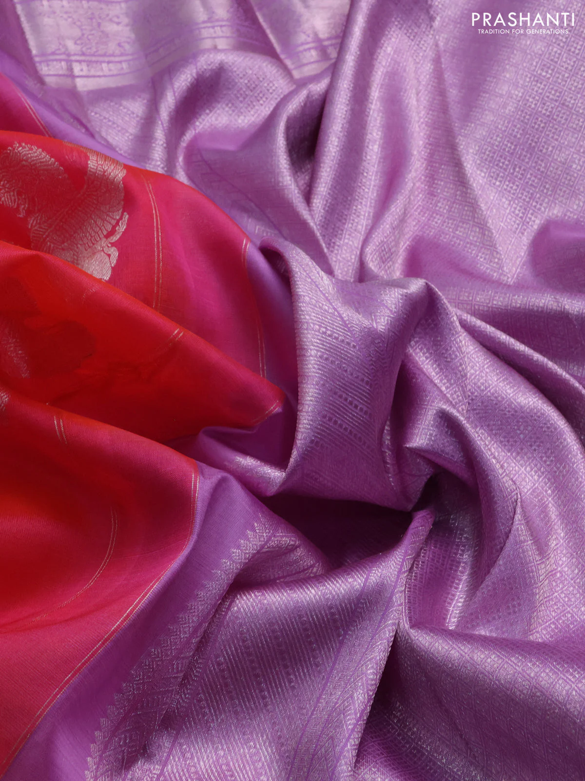 Kora kanchipuram silk saree candy pink and lavender with silver zari woven buttas and rich silver zari woven border - Image 3