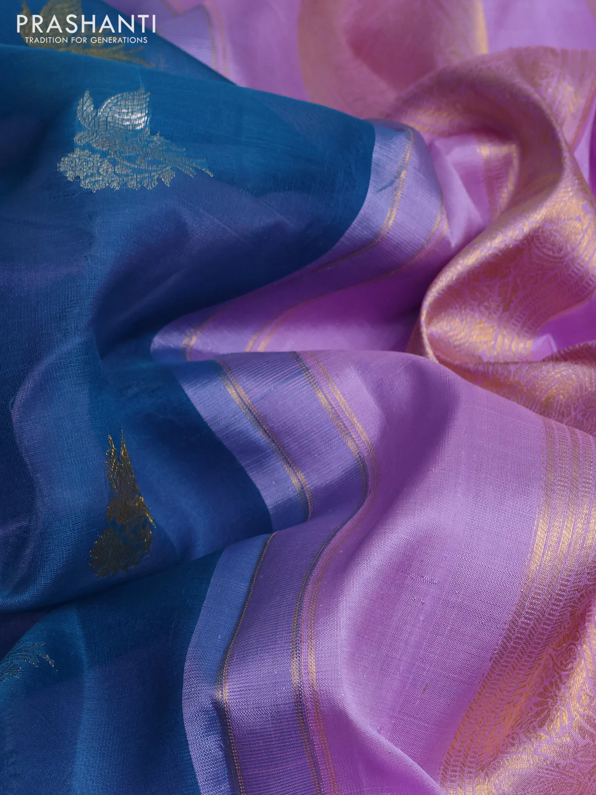Kora kanchipuram silk saree cs blue and lavender with silver & gold zari woven buttas and long zari woven korvai border - Image 3