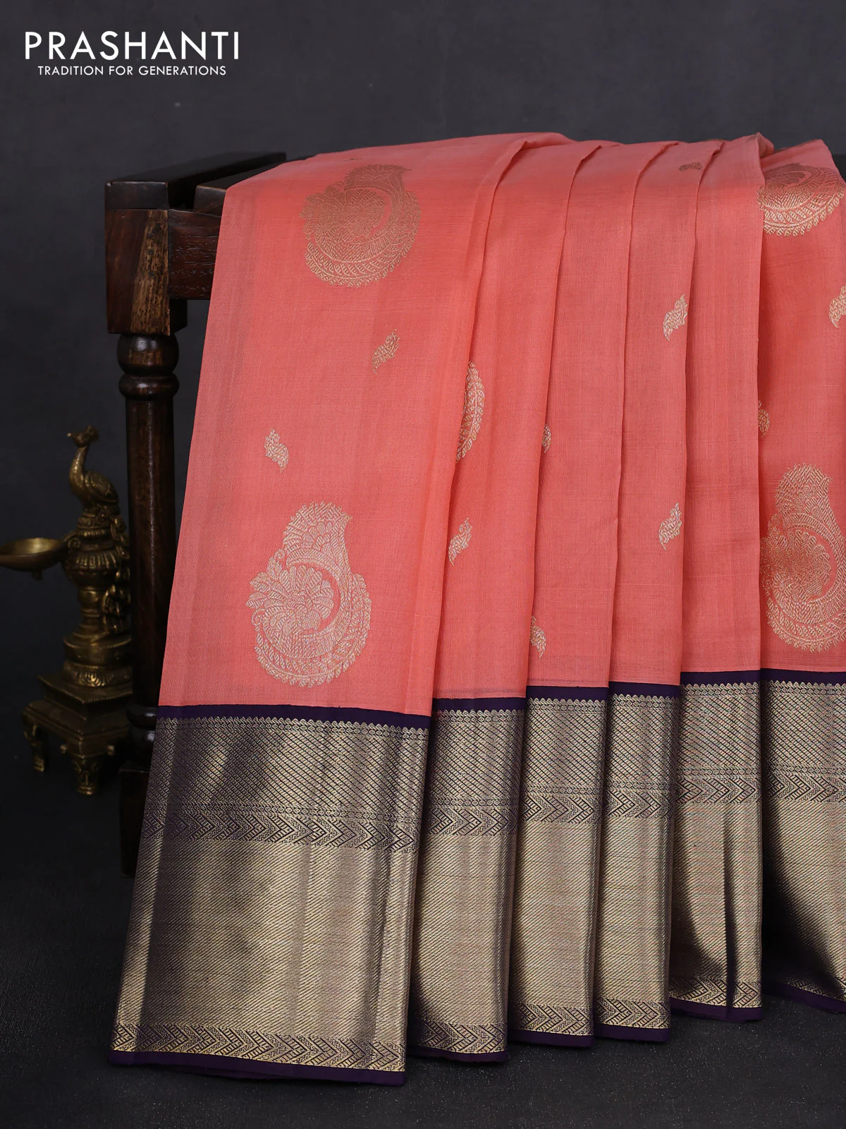 Kora kanchipuram silk saree dark peach and navy blue with zari woven buttas and long rich zari woven border - Image 2