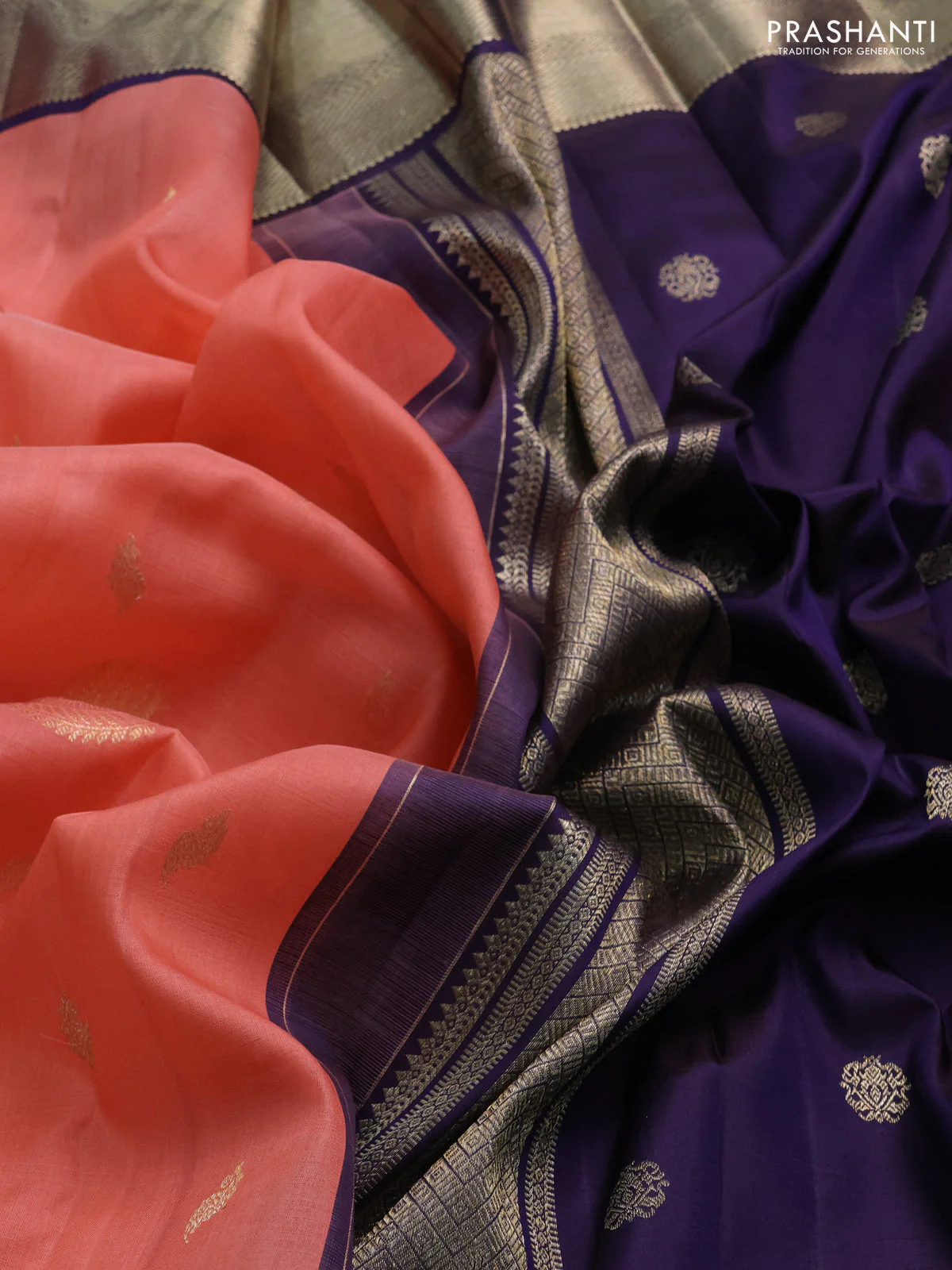 Kora kanchipuram silk saree dark peach and navy blue with zari woven buttas and long rich zari woven border - Image 4