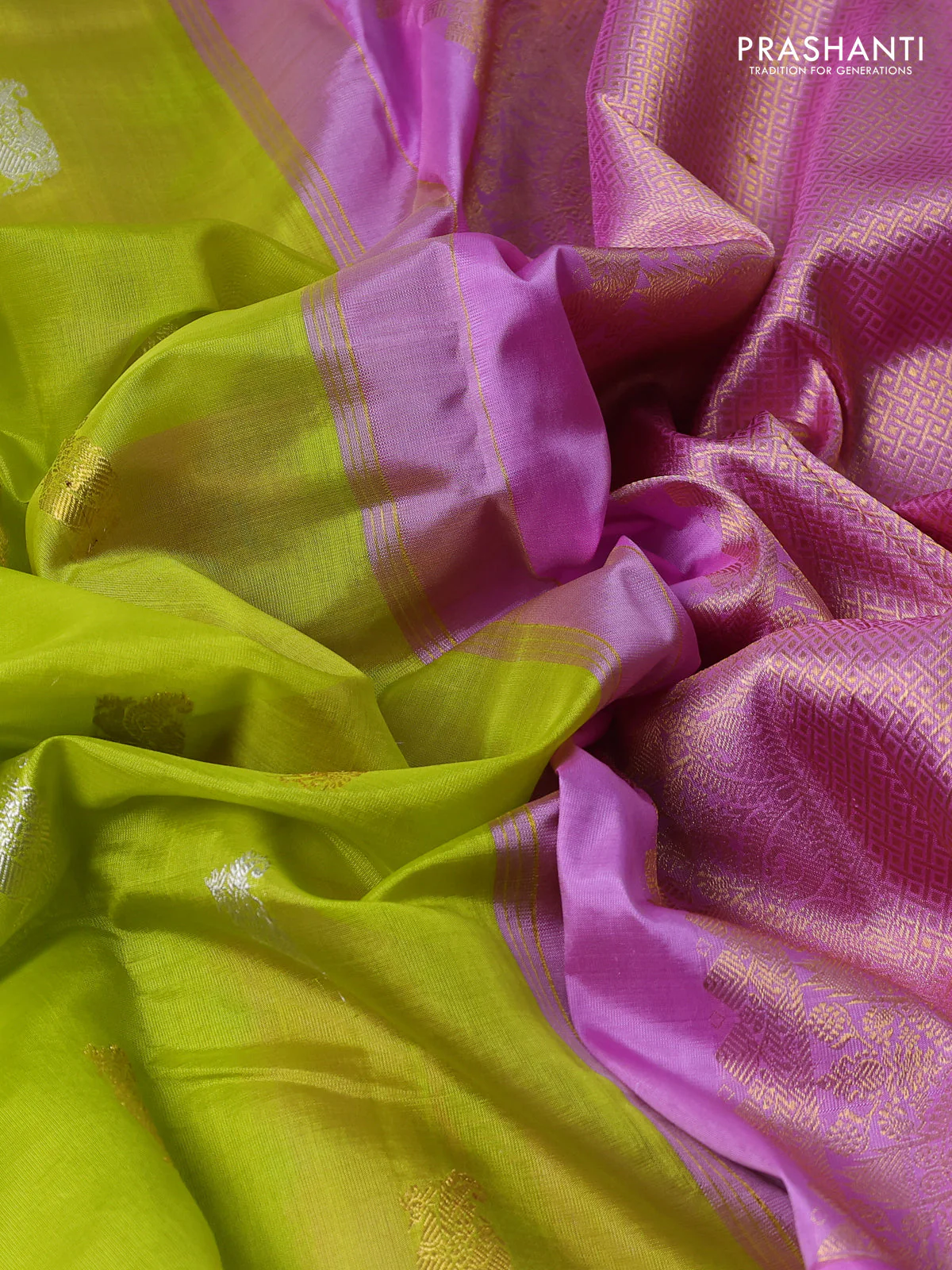 Kora kanchipuram silk saree fluorescent green and pastel pink with annam zari woven buttas and zari woven border - Image 3