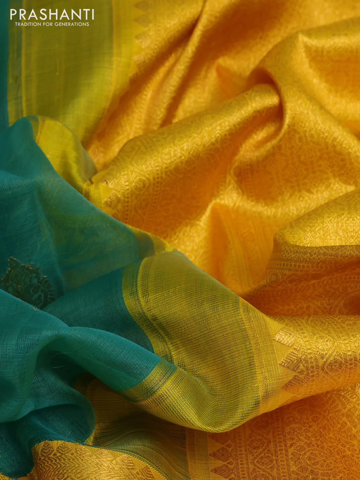 Kora kanchipuram silk saree green and yellow with allover silver & gold zari woven buttas and long zari woven korvai border - Image 3
