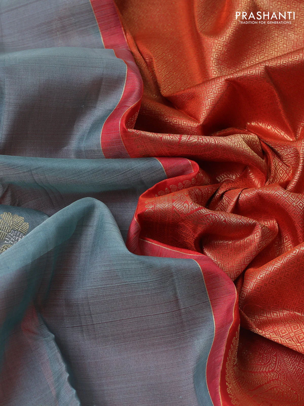 Kora kanchipuram silk saree greyish blue and orange with floral zari woven buttas and zari woven border - Image 3
