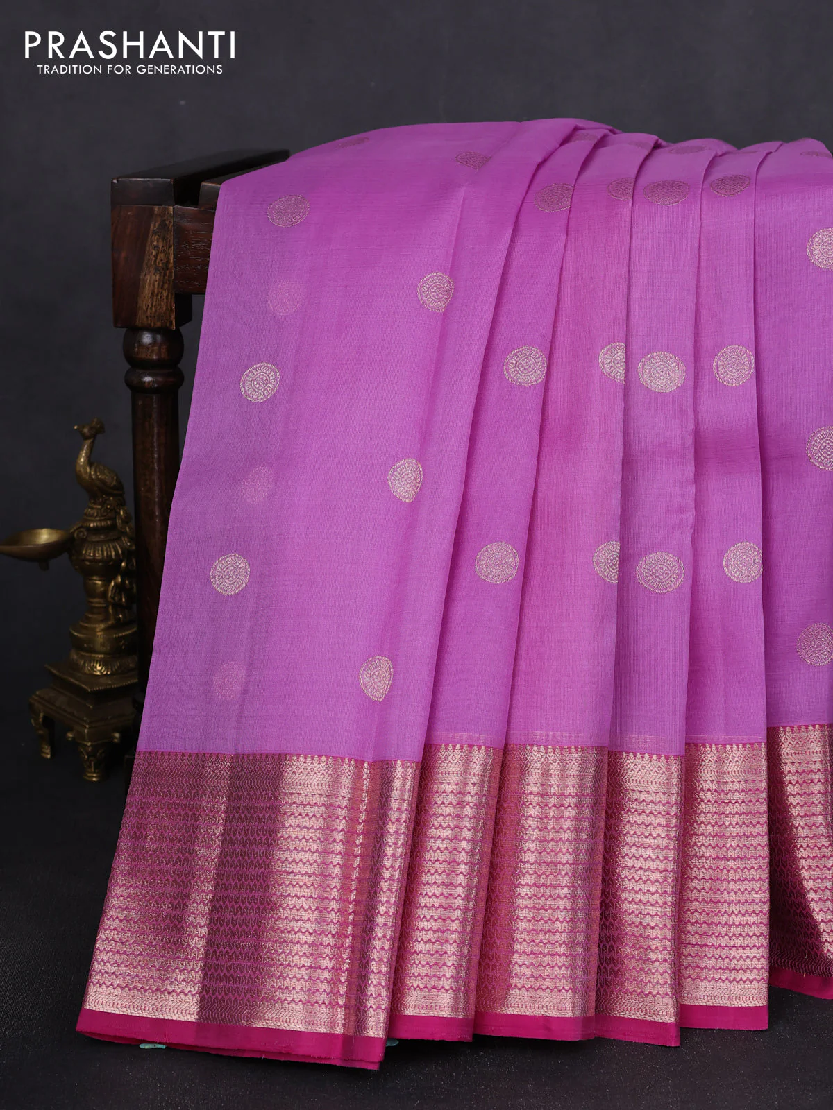 Kora kanchipuram silk saree lavender and pink with zari woven buttas and rich zari woven border - Image 2