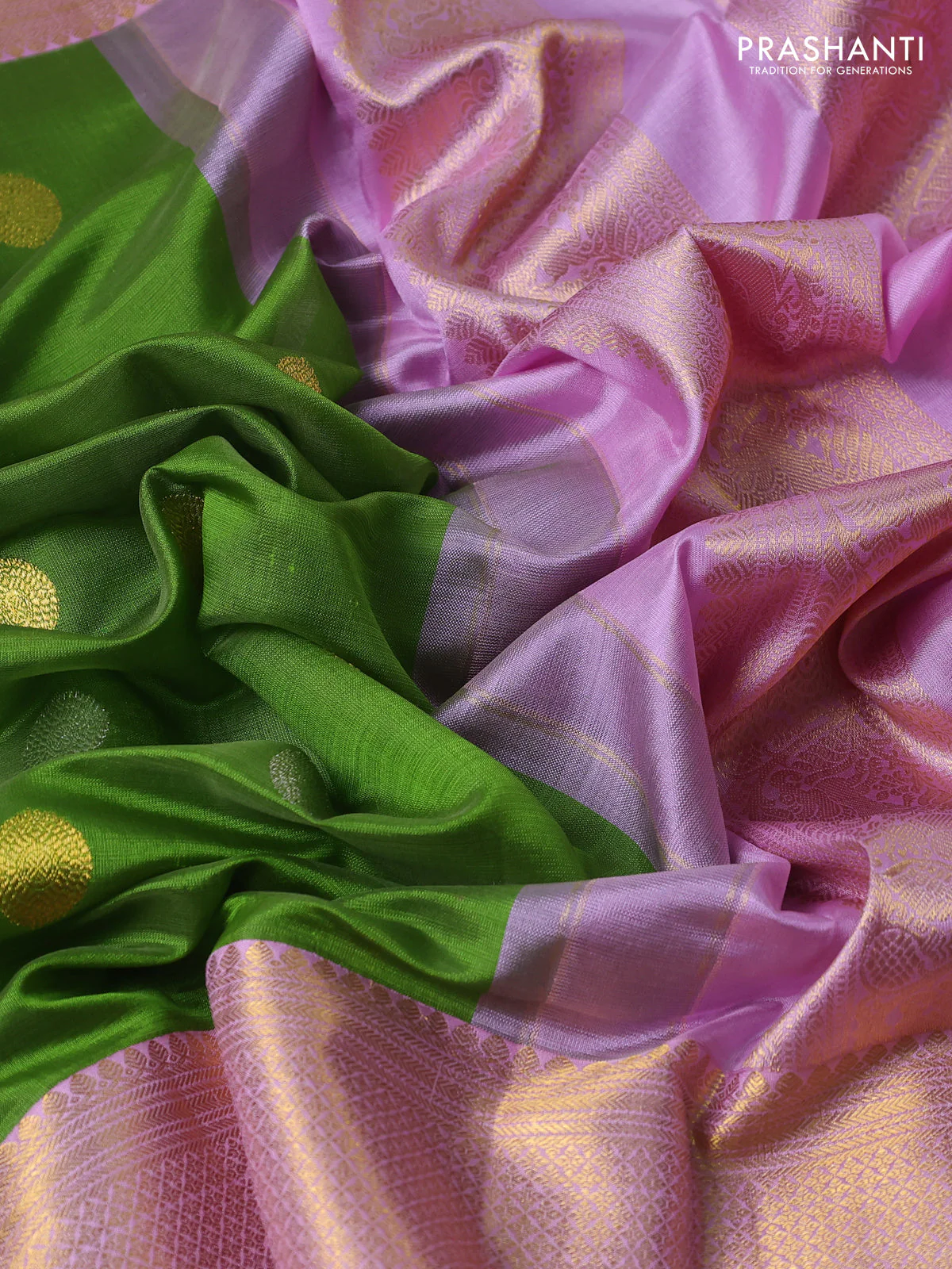 Kora kanchipuram silk saree light green and light pink with allover silver & gold zari woven buttas and long zari woven korvai border - Image 3
