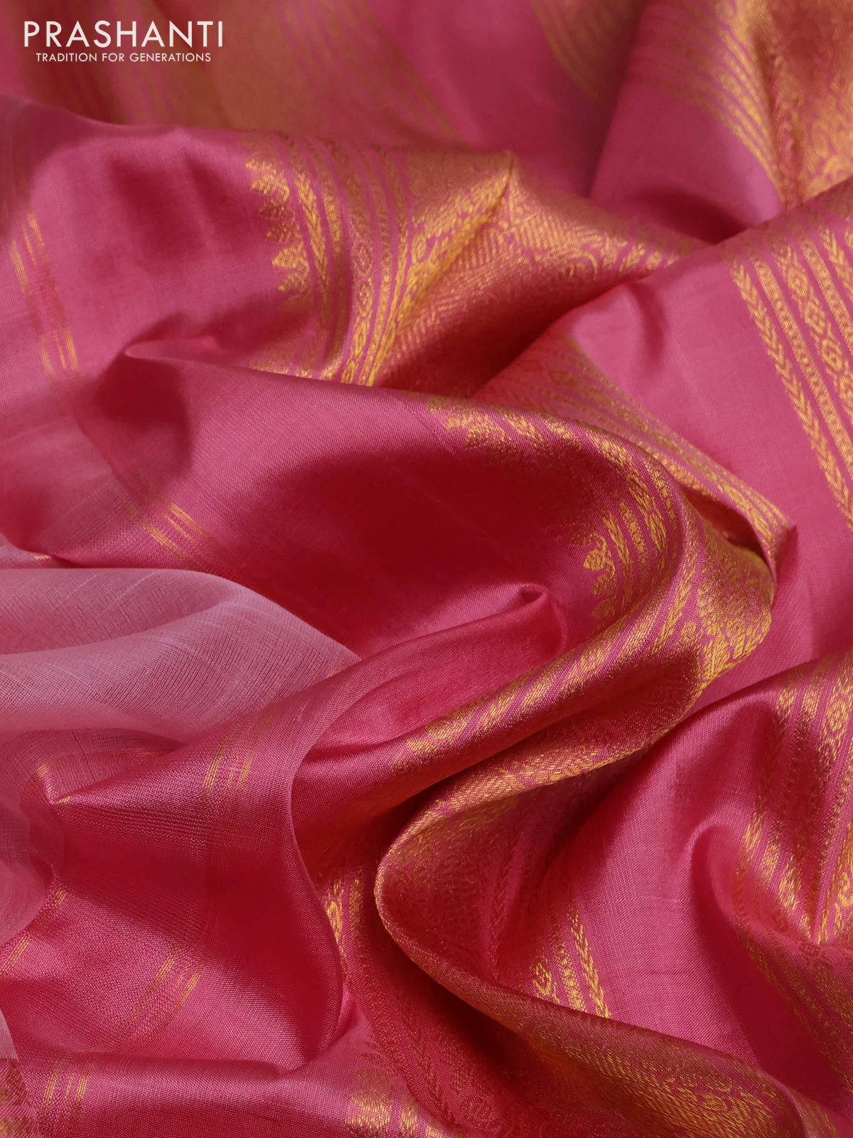 Kora kanchipuram silk saree light pink and mauve pink with silver & gold zari woven buttas and zari woven korvai border - Image 3
