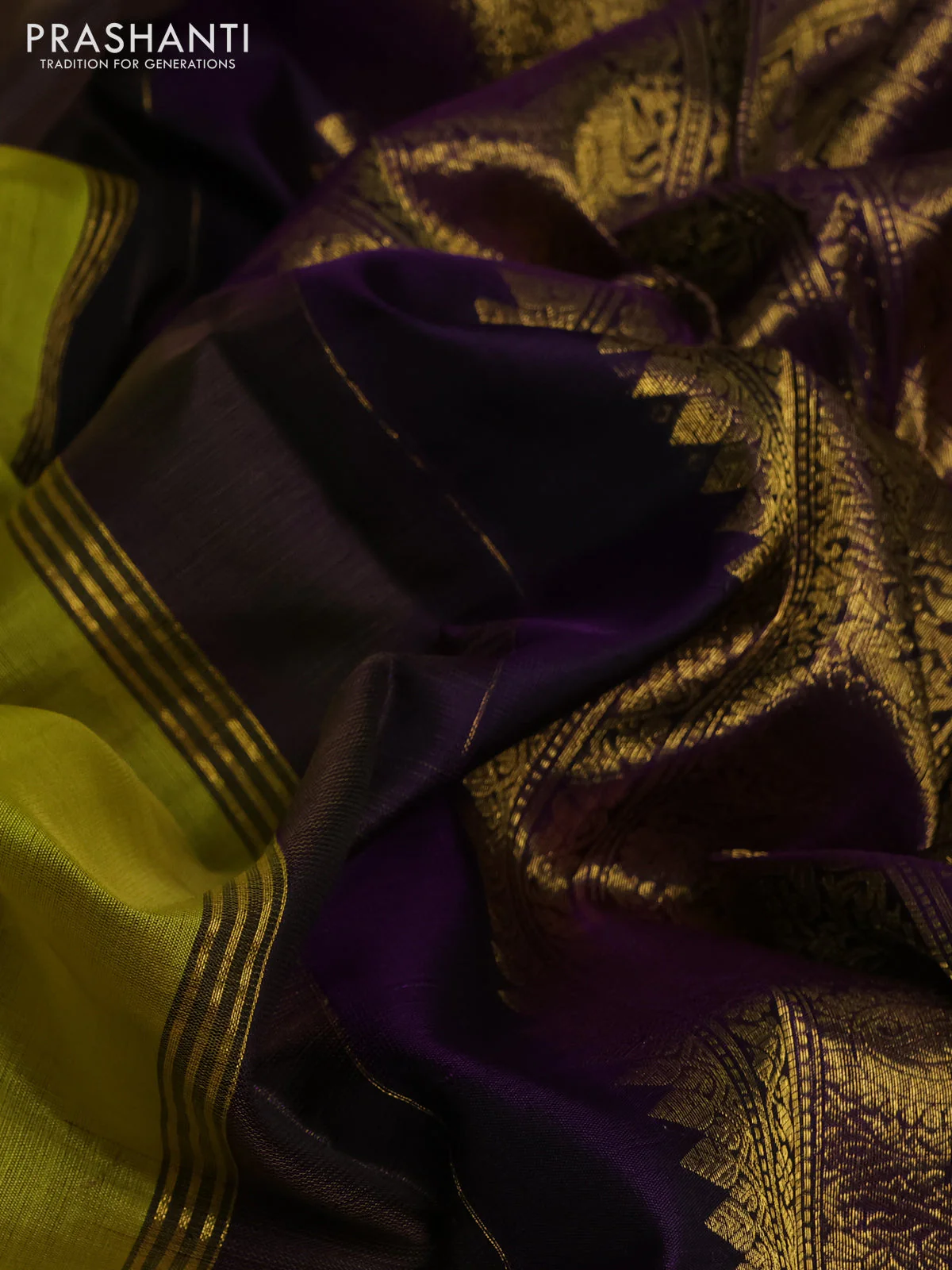 Kora kanchipuram silk saree lime yellow and purple with silver & gold zari woven buttas and annam zari woven border - Image 3