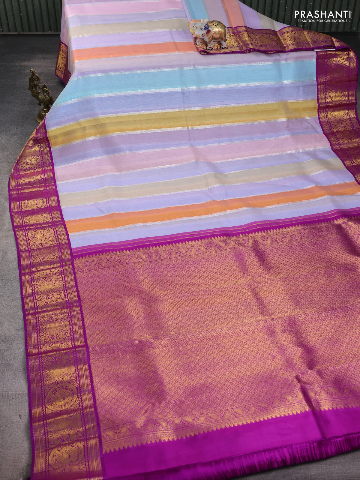 Kora kanchipuram silk saree multi colour and purple with allover silver zari weaves and zari woven korvai border - Image 2
