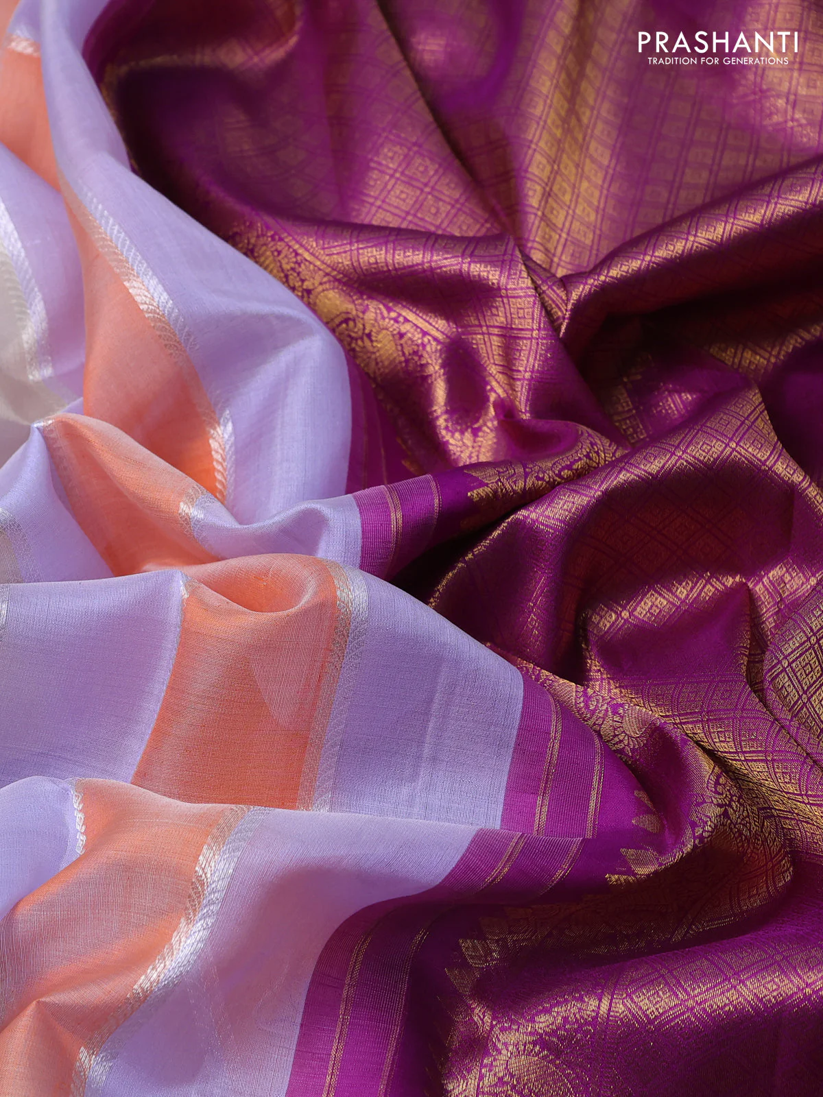 Kora kanchipuram silk saree multi colour and purple with allover silver zari weaves and zari woven korvai border - Image 3