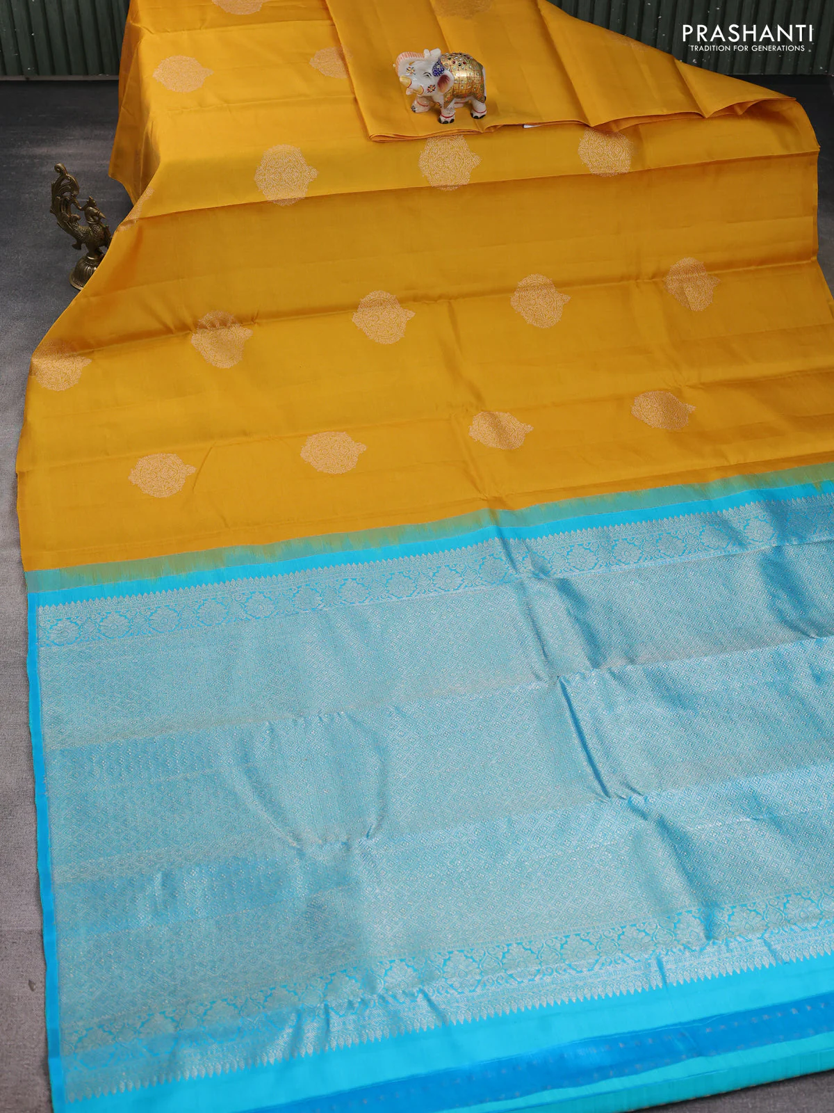 Kora kanchipuram silk saree mustard yellow and teal blue with zari woven buttas in bordeless style - Image 2