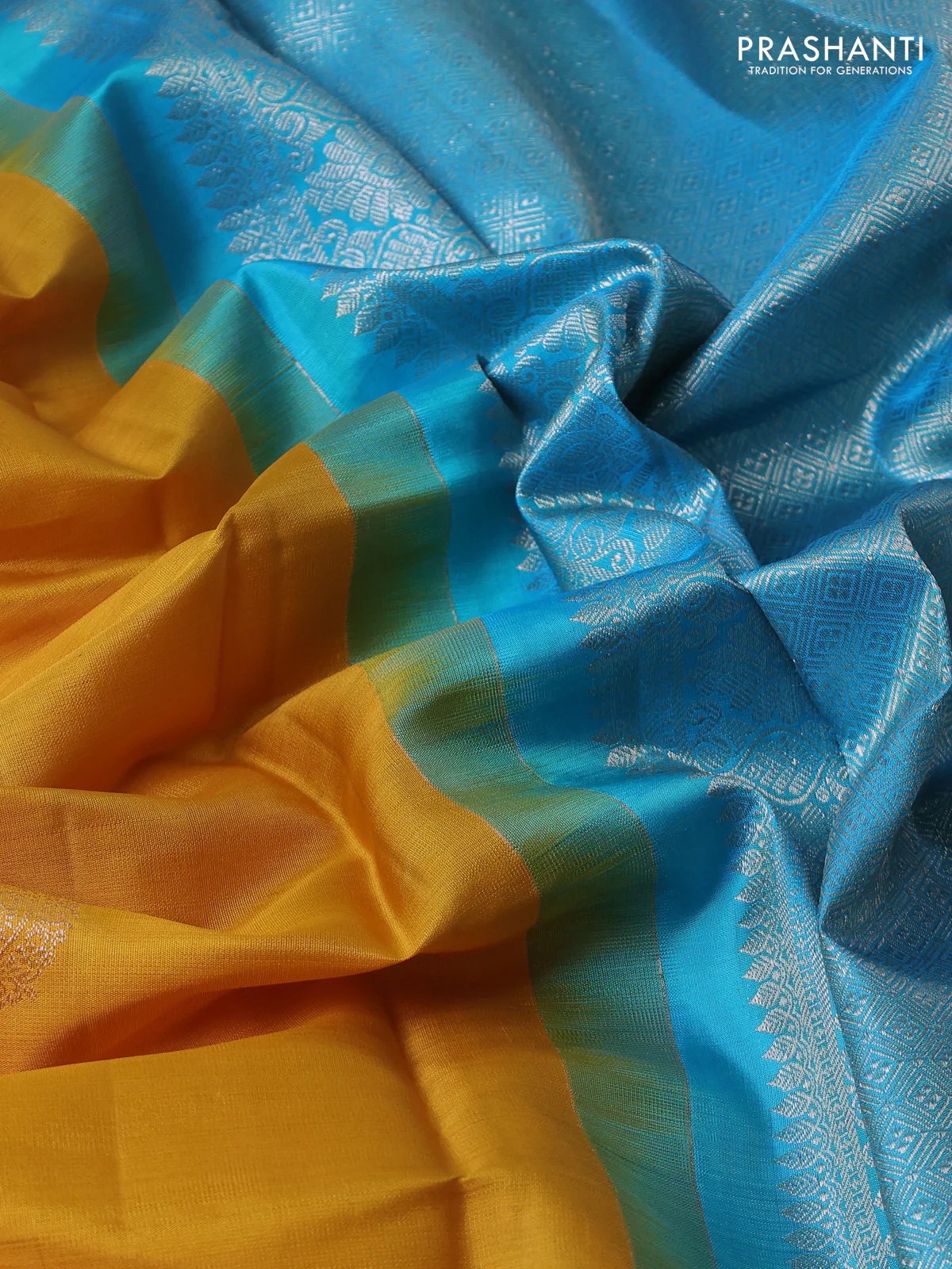 Kora kanchipuram silk saree mustard yellow and teal blue with zari woven buttas in bordeless style - Image 3