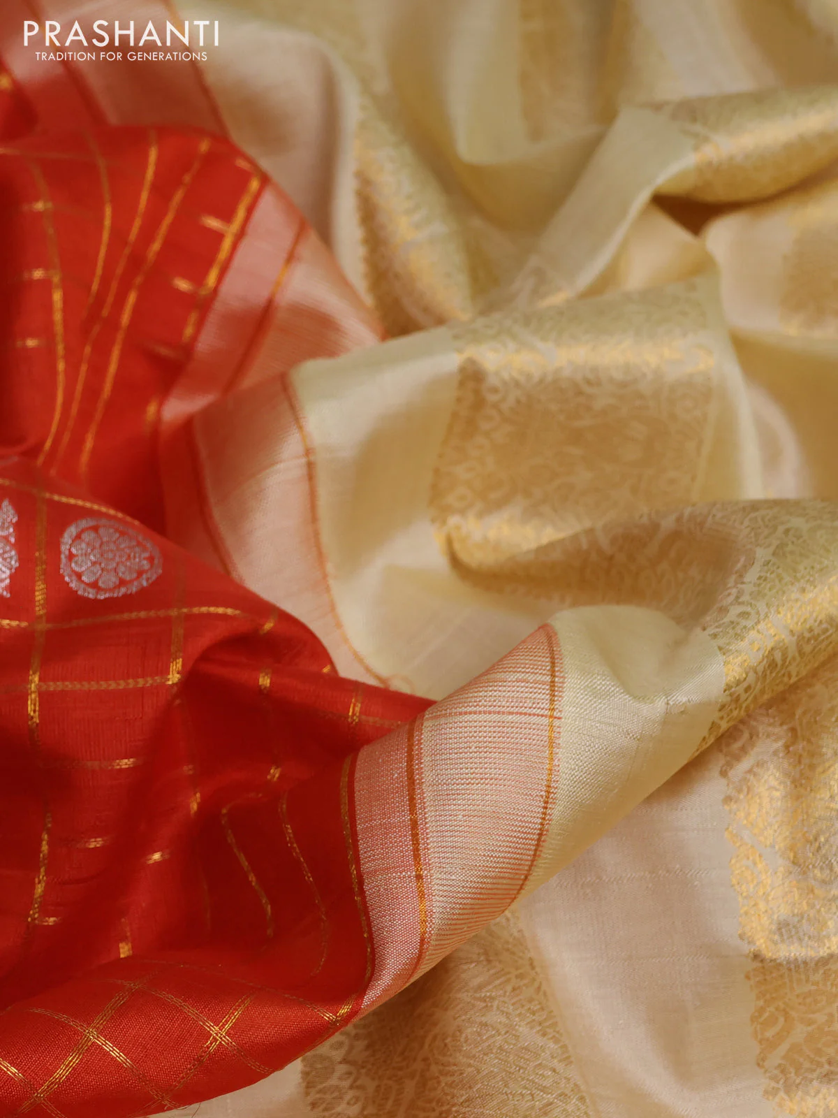 Kora kanchipuram silk saree orange and cream with allover zari checks & buttas and zari woven korvai border - Image 3