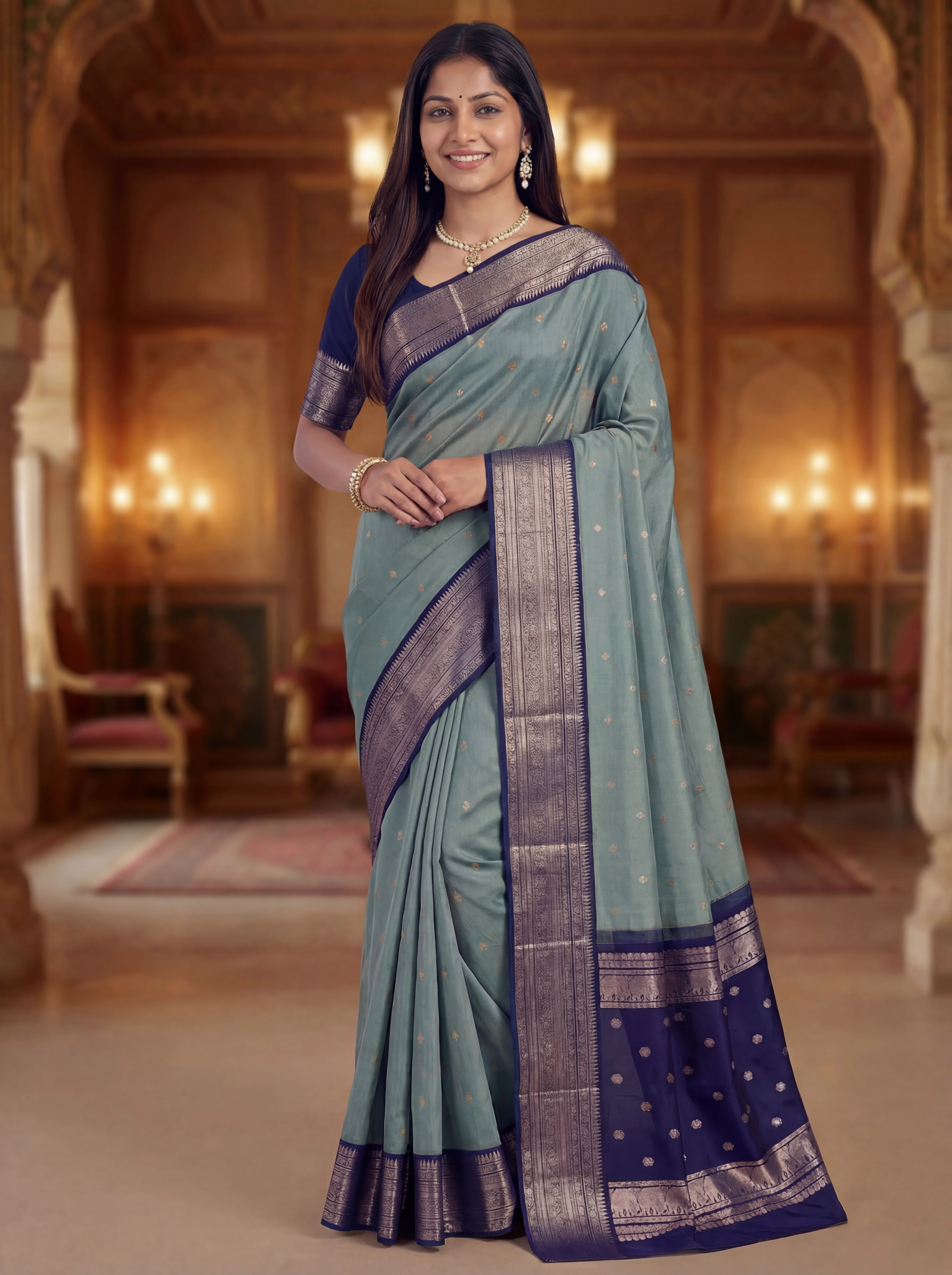 Kora kanchipuram silk saree pastel blue and navy blue with zari woven buttas and rich zari woven border