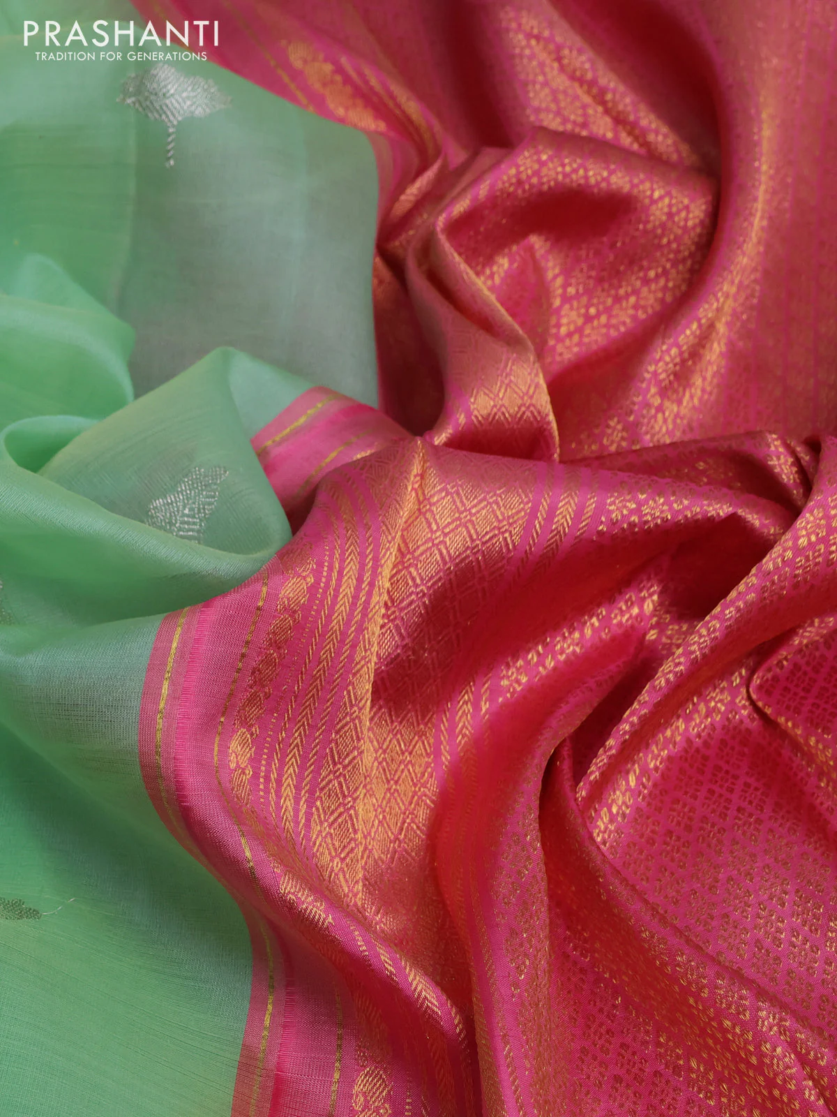 Kora kanchipuram silk saree pastel green and light pink with silver zari woven buttas and rich zari woven korvai border - Image 3