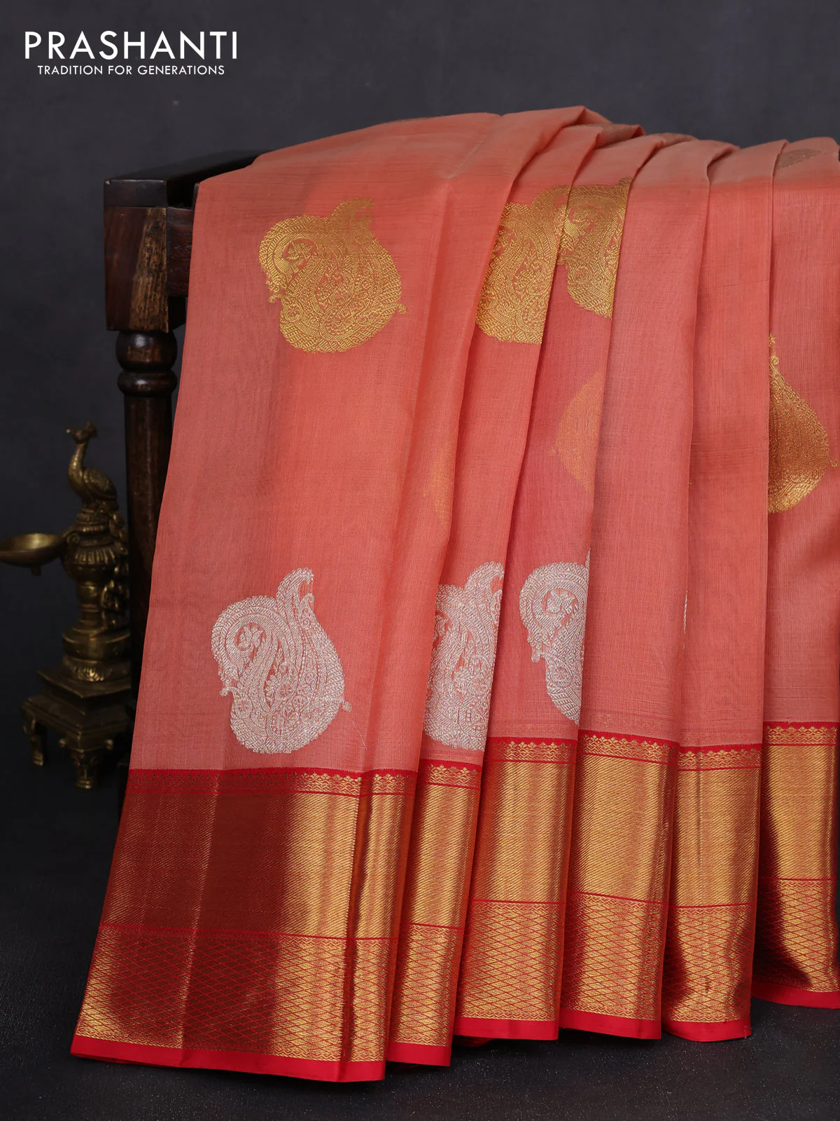 Kora kanchipuram silk saree peach oeange and red with zari woven buttas and rich zari woven border - Image 2