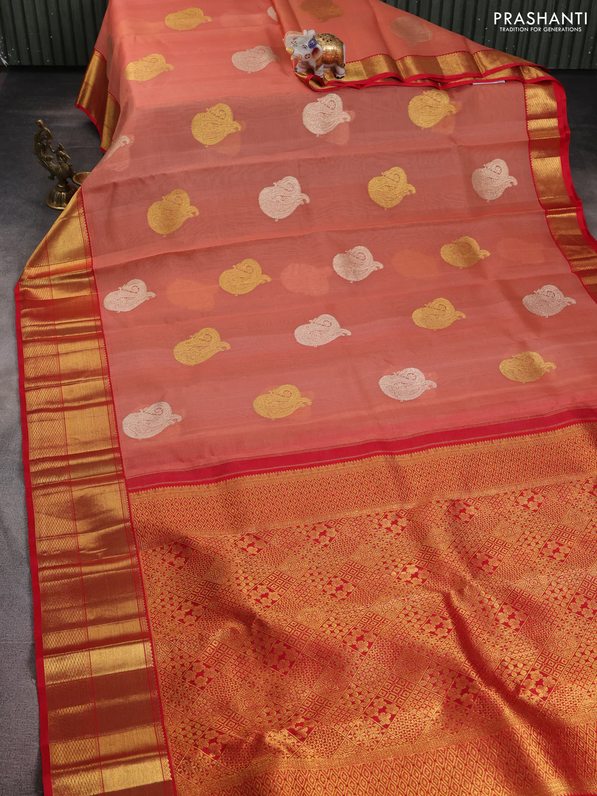Kora kanchipuram silk saree peach oeange and red with zari woven buttas and rich zari woven border - Image 3