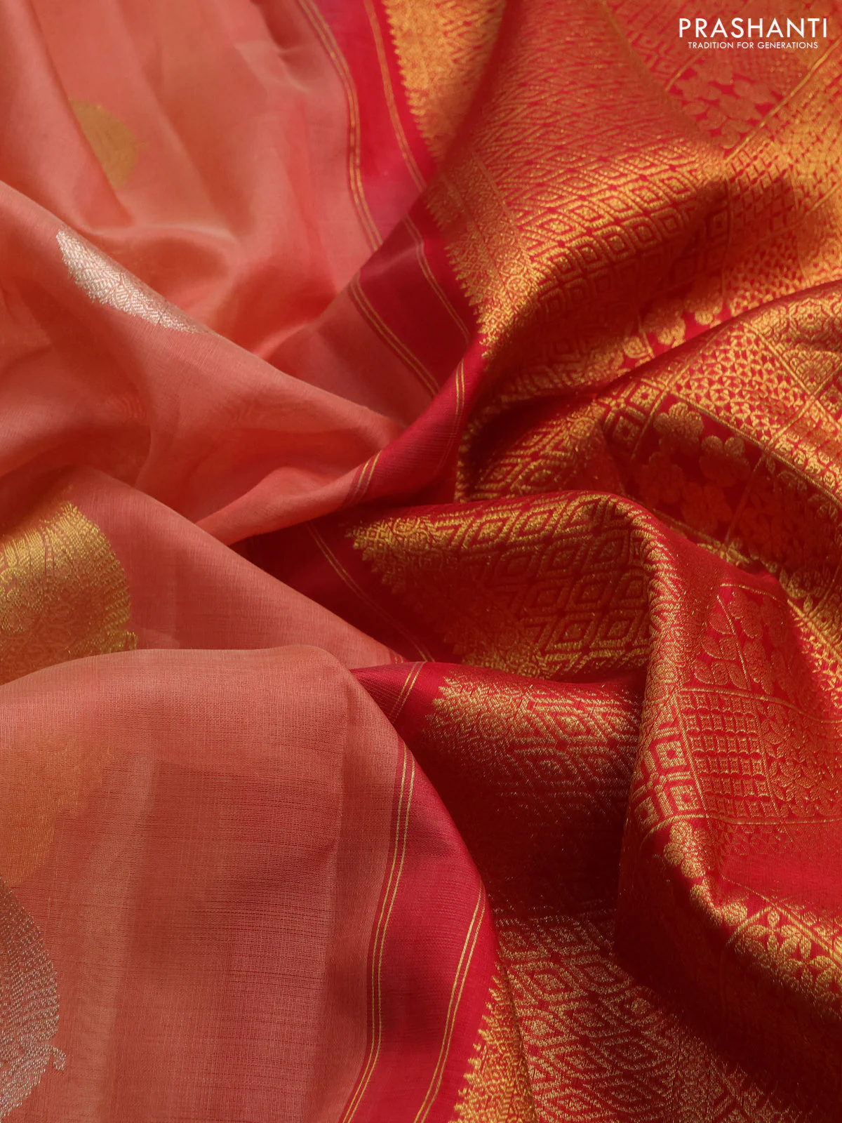 Kora kanchipuram silk saree peach oeange and red with zari woven buttas and rich zari woven border - Image 4