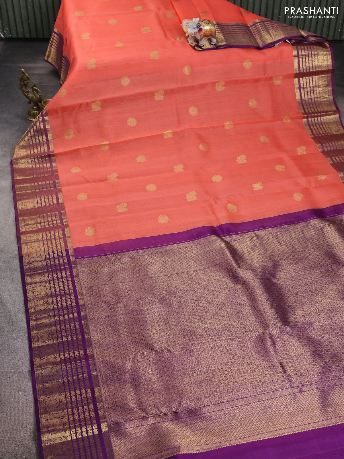 Kora kanchipuram silk saree peach shade and purple with zari woven buttas and rich zari woven border - Image 3