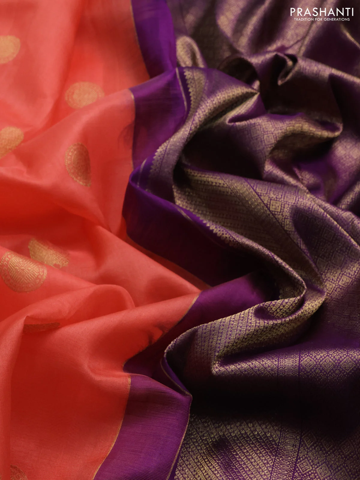 Kora kanchipuram silk saree peach shade and purple with zari woven buttas and rich zari woven border - Image 4