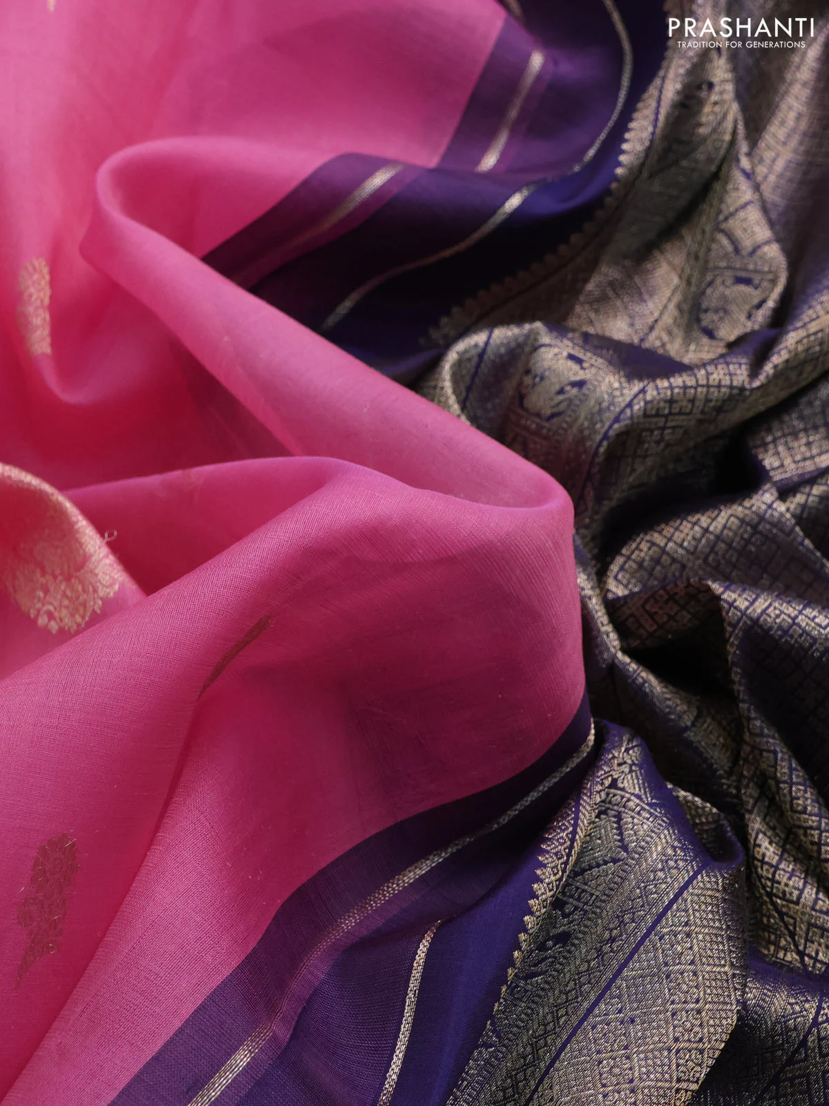 Kora kanchipuram silk saree pink and dark blue with zari woven buttas and rettapet zari woven border - Image 4