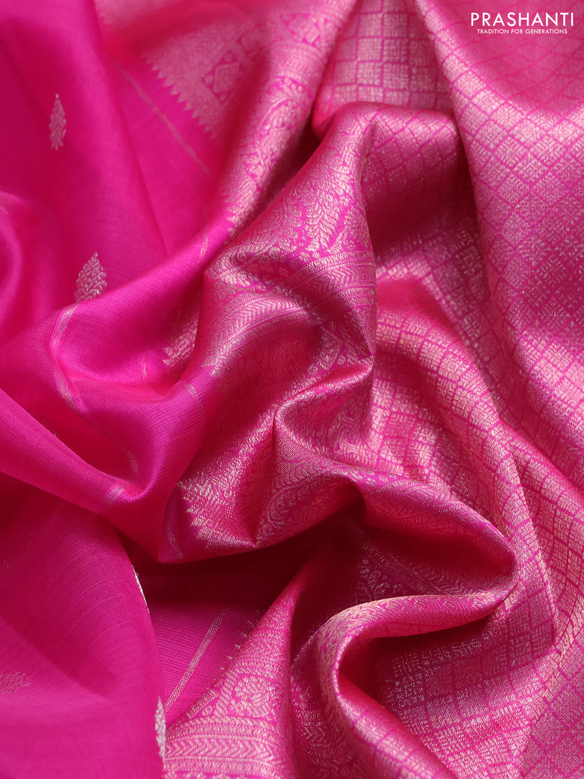 Kora kanchipuram silk saree pink with silver zari woven buttas and rich zari woven border - Image 4