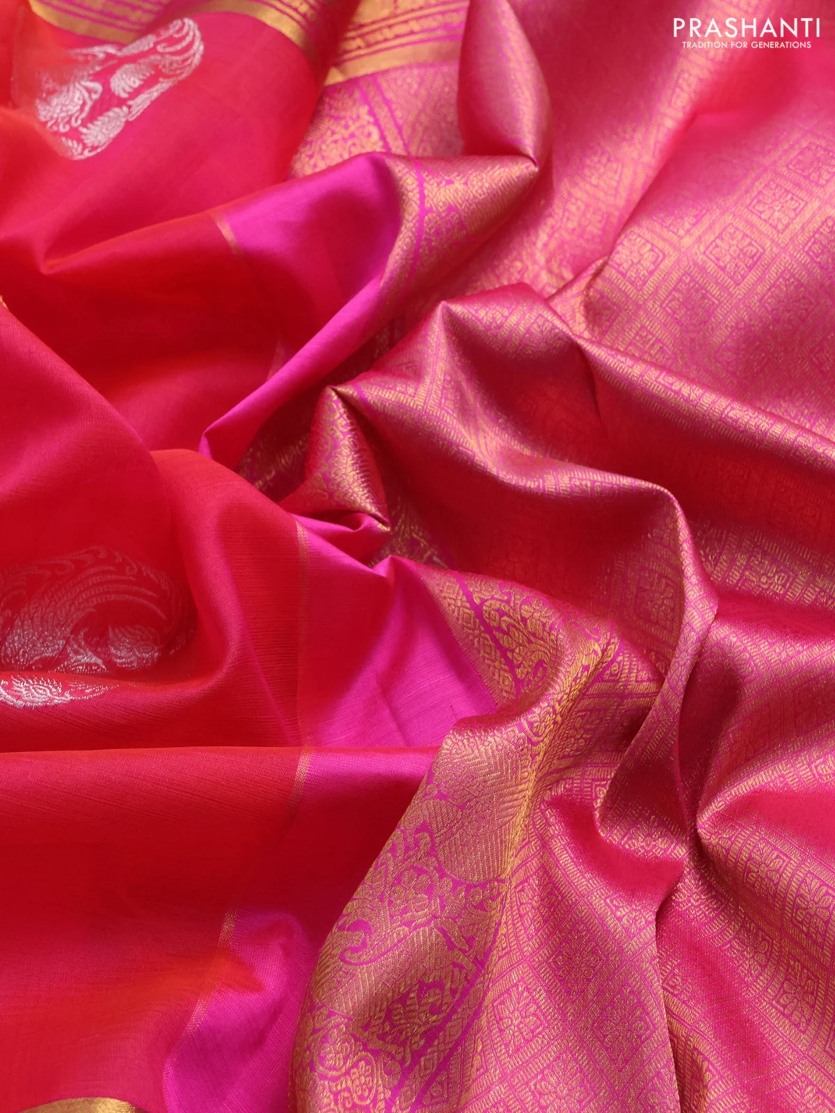 Kora kanchipuram silk saree pinkish orange and pink with silver & gold zari woven buttas and long rich zari woven border - Image 3