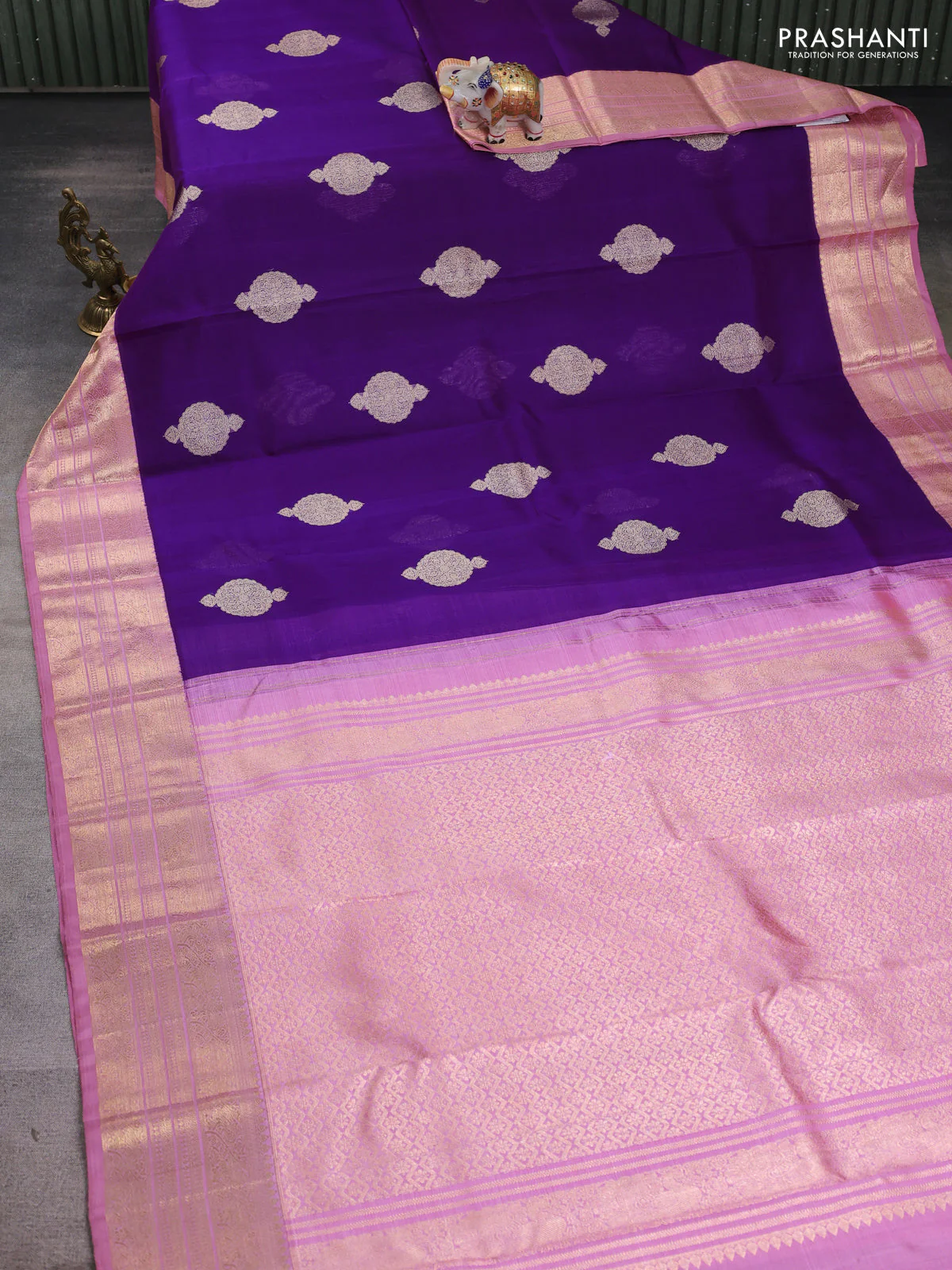 Kora kanchipuram silk saree purple and pastel pink with allover silver zari weaves and zari woven korvai border - Image 2