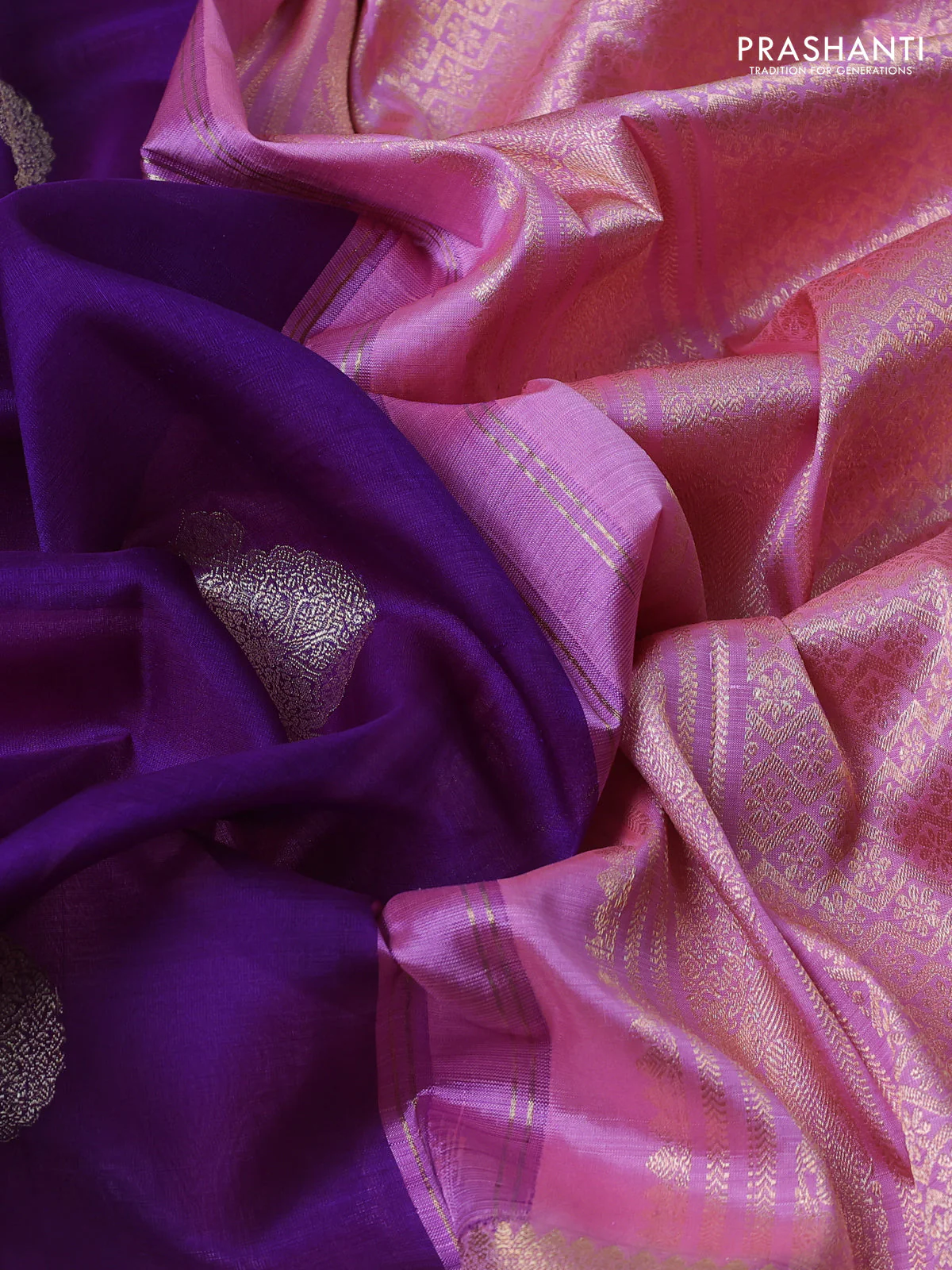 Kora kanchipuram silk saree purple and pastel pink with allover silver zari weaves and zari woven korvai border - Image 3