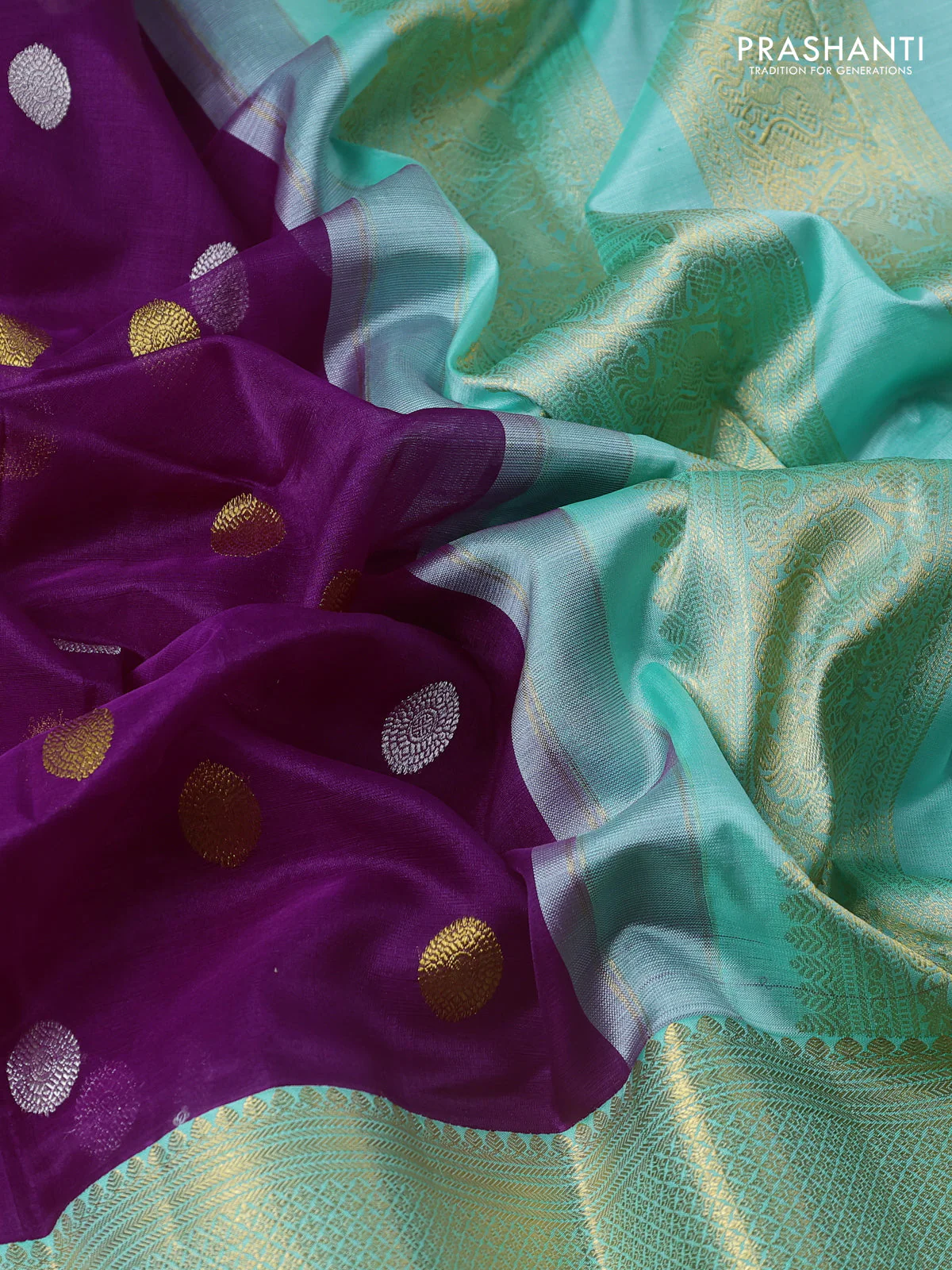 Kora kanchipuram silk saree purple and teal green with allover silver & gold zari woven buttas and long zari woven korvai border - Image 3