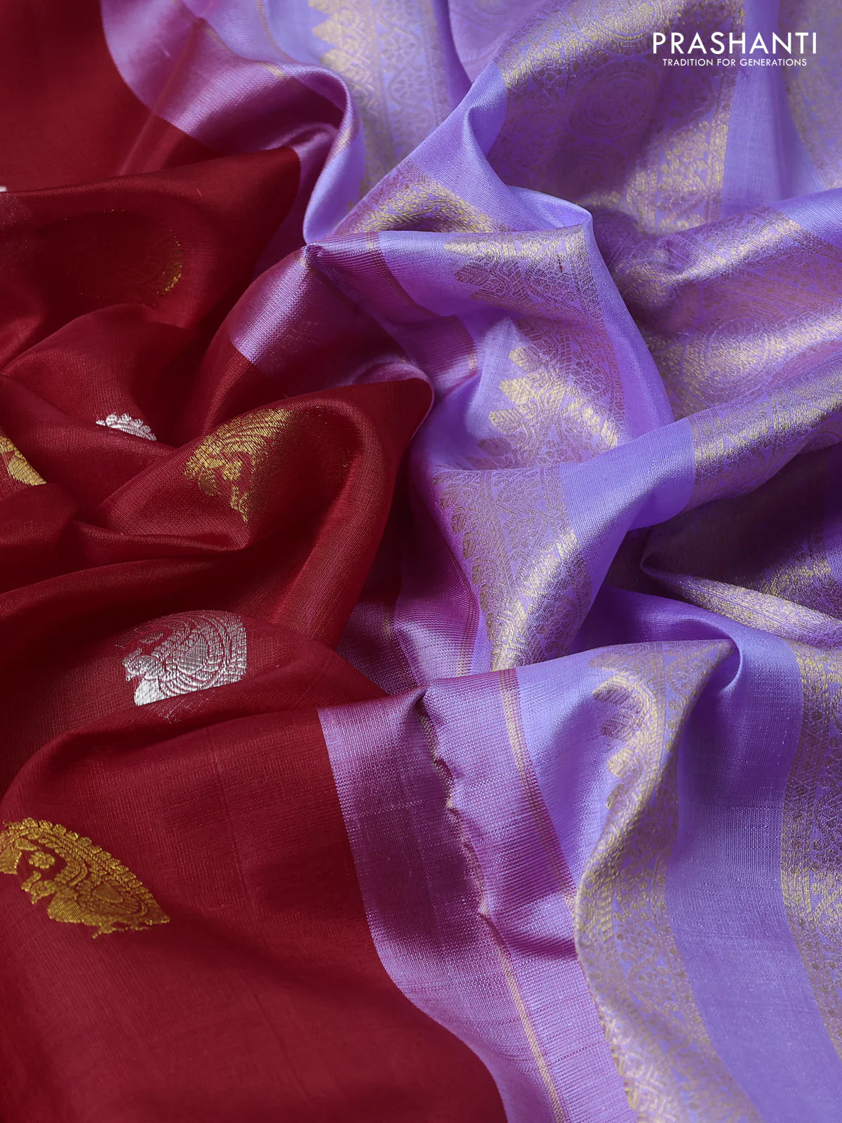 Kora kanchipuram silk saree red and lavender with allover silver & gold zari woven buttas and zari woven korvai border - Image 3