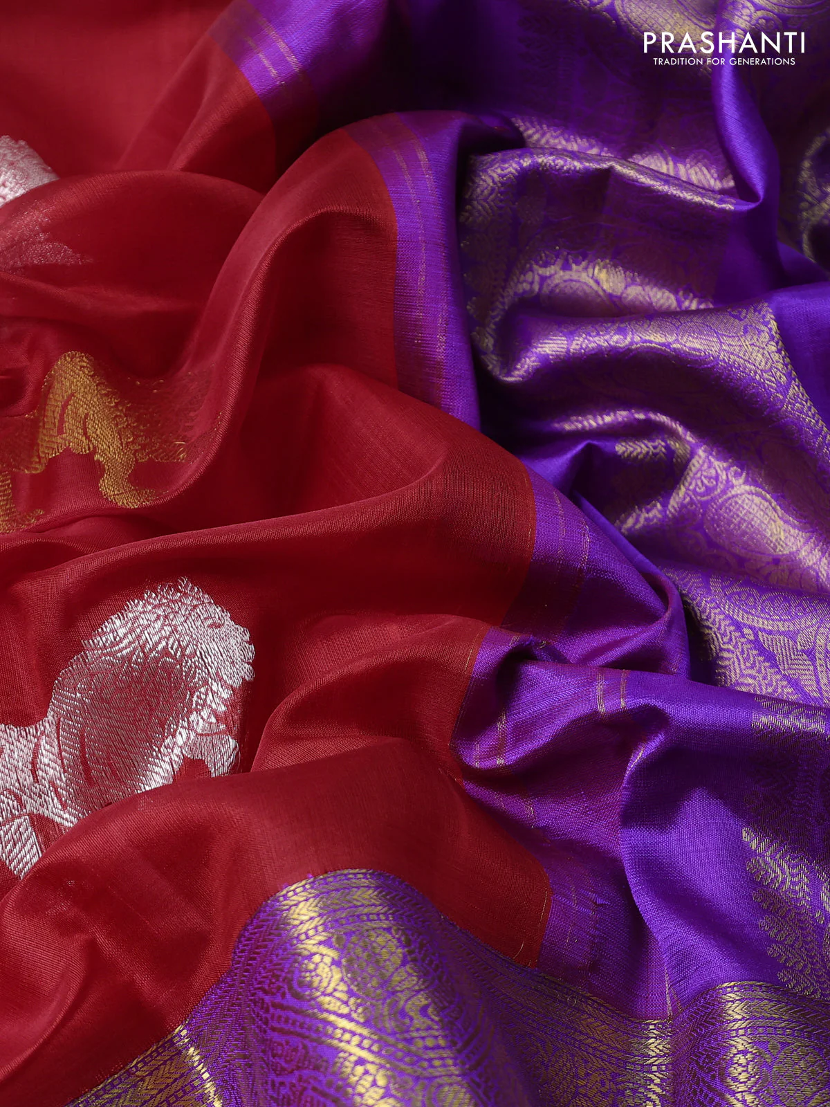 Kora kanchipuram silk saree red and violet with silver & gold zari woven buttas and long zari woven korvai border - Image 3