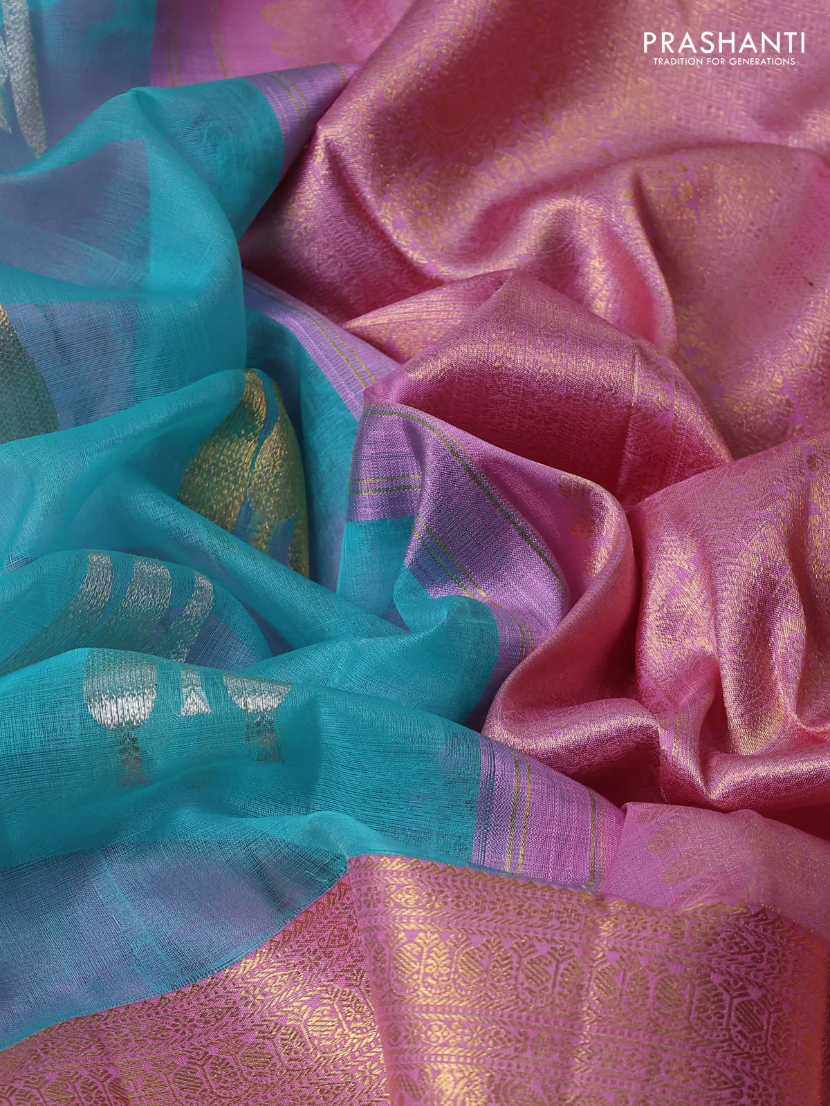 Kora kanchipuram silk saree teal green and pastel pink with silver & gold zari woven buttas and zari woven korvai border - Image 3