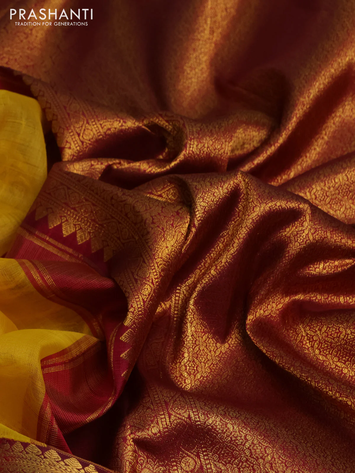 Kora kanchipuram silk saree yellow and maroon with silver & gold zari woven buttas and long zari woven korvai border - Image 3